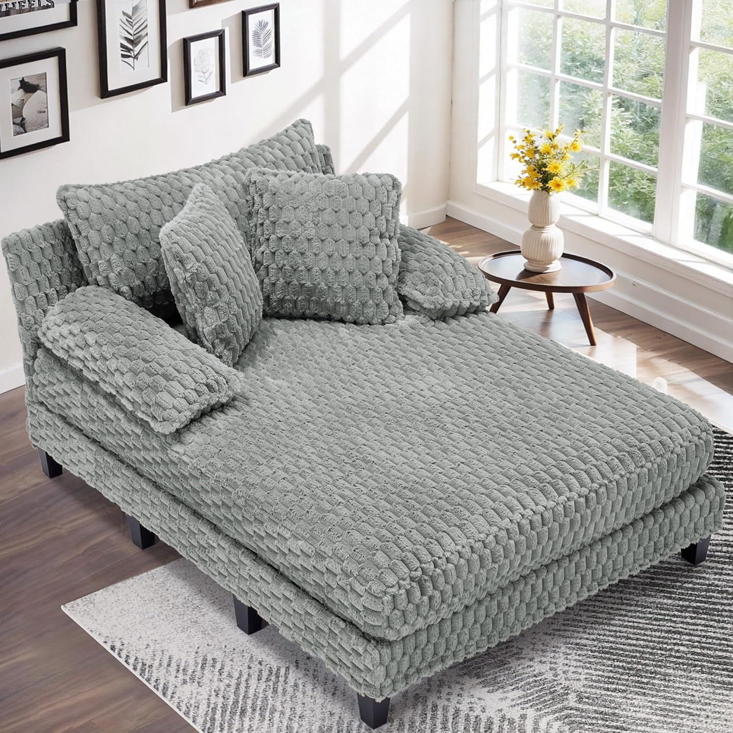 Faux Fur Chaise Lounge Indoor with Adjustable Backrest, 59 Inches Single Sleeper Sofa Chair with 3 Lumbar Pillows, Upholstered Oversized Lounge Chair for Living Room, Bedroom, Office