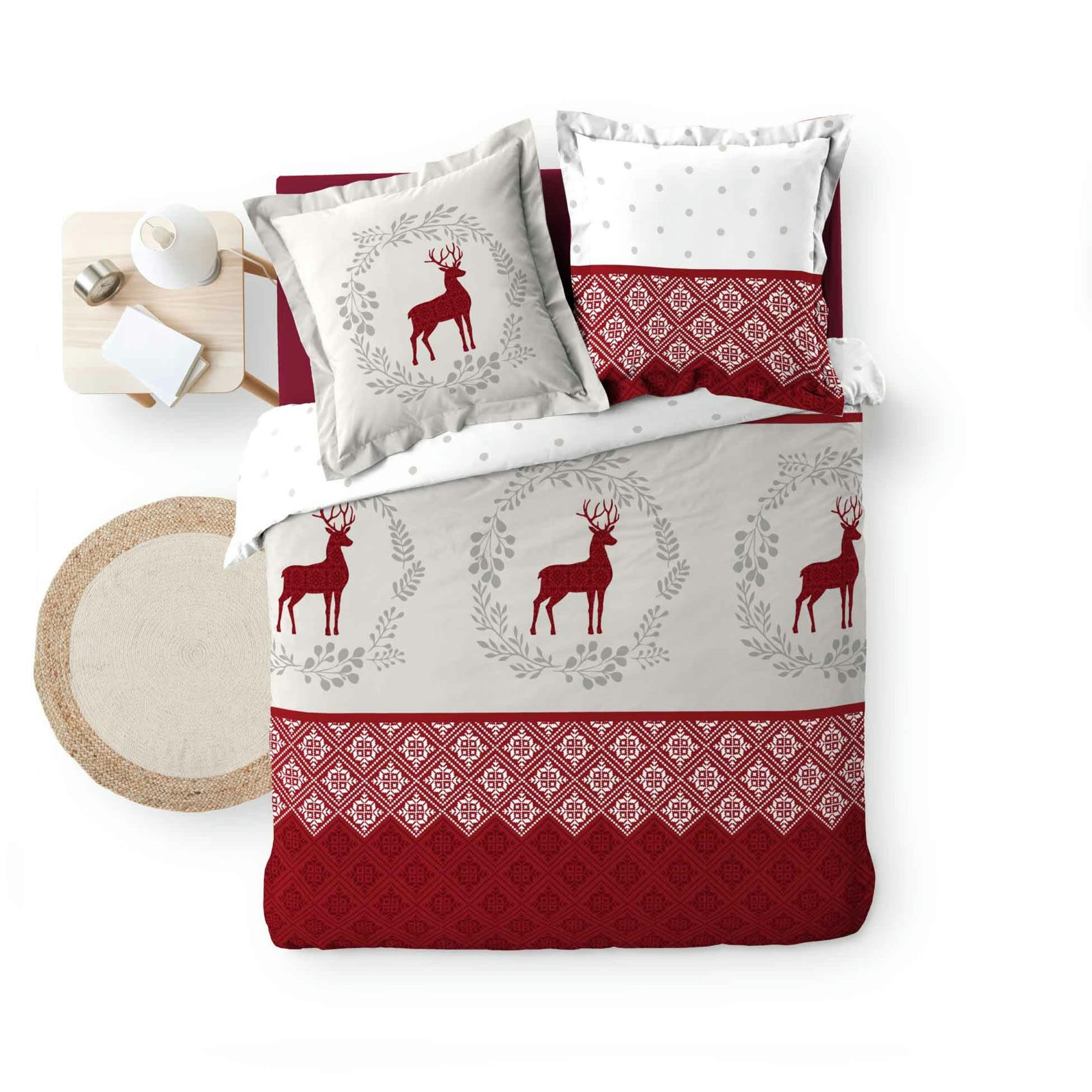 - Parure de lit esprit chalet de montagne coton rouge 240x220 cm