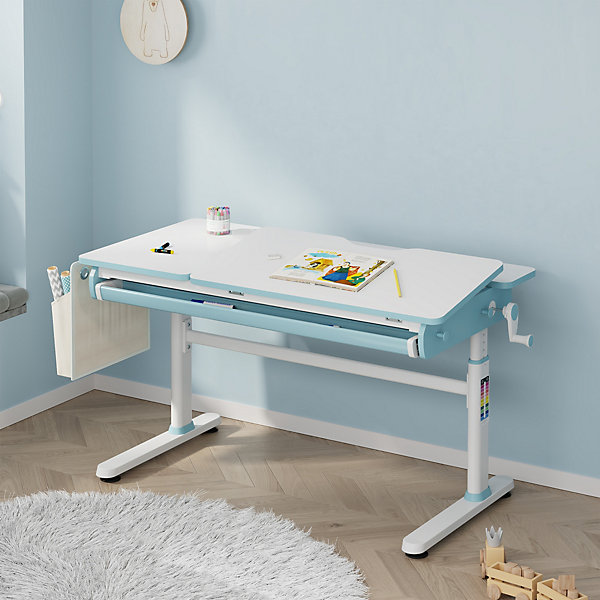 Bureau enfant réglable en hauteur Kuosa 120 x 60 cm bleu blanc en.casa