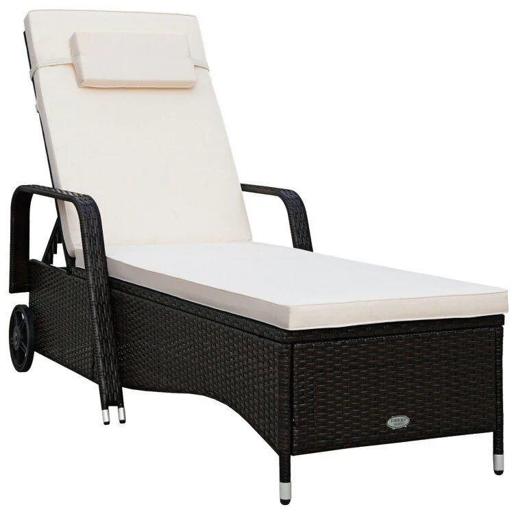 Outdoor Cushioned Wicker Chaise Lounger with Adjustable Backrest - 79.0 x27.5 x 21(L x W x H)