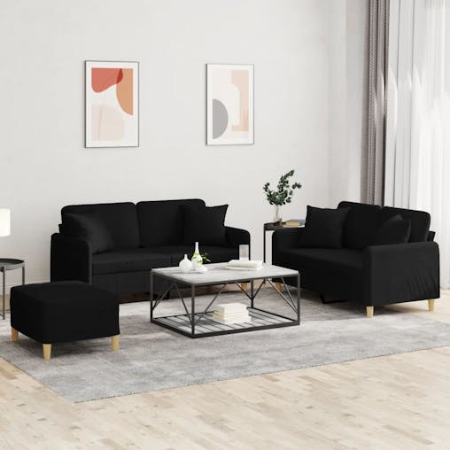 NNEVL 3 Piece Sofa Set with Pillows Black Fabric