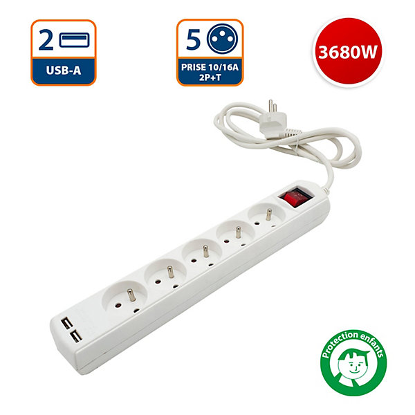 Multiprise 5 sorties   2 USB. Cable 1,5m