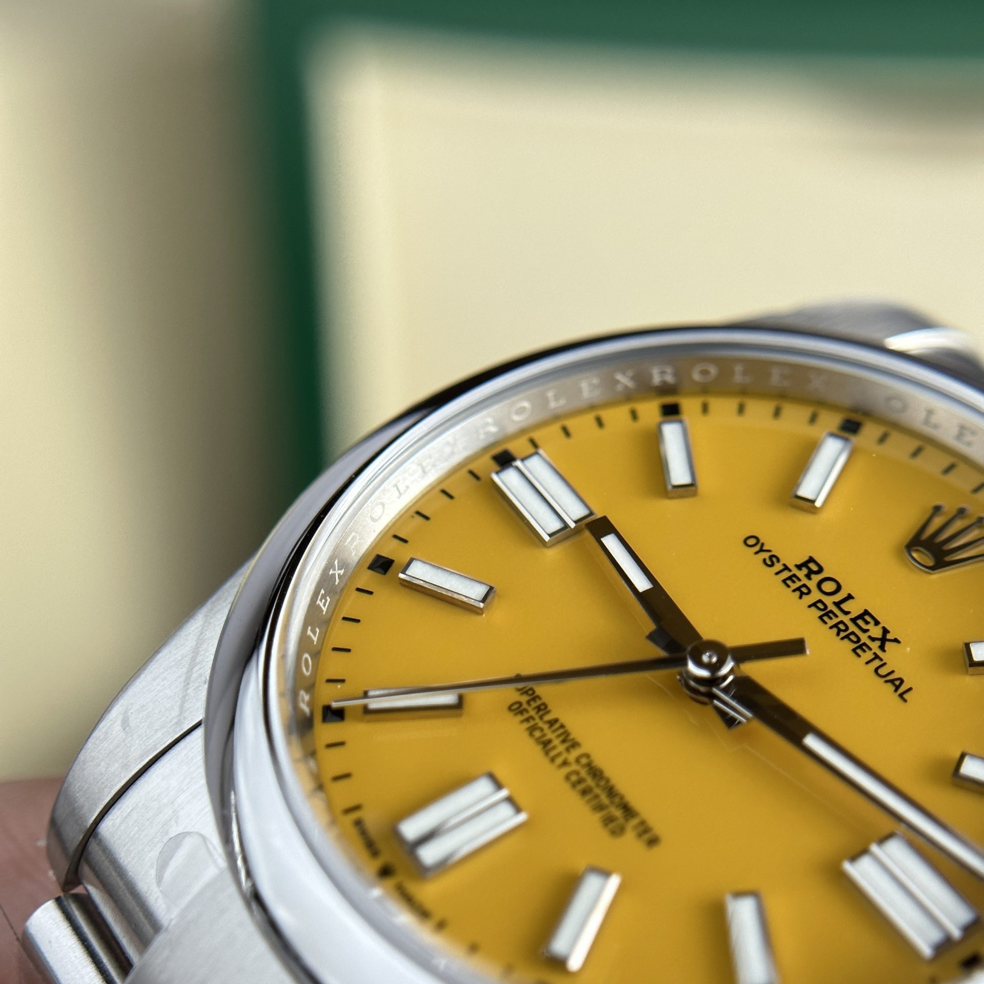 Rolex Oyster Perpetual 124300 904L Steel Yellow Dial 41mm Oyster Super Clone