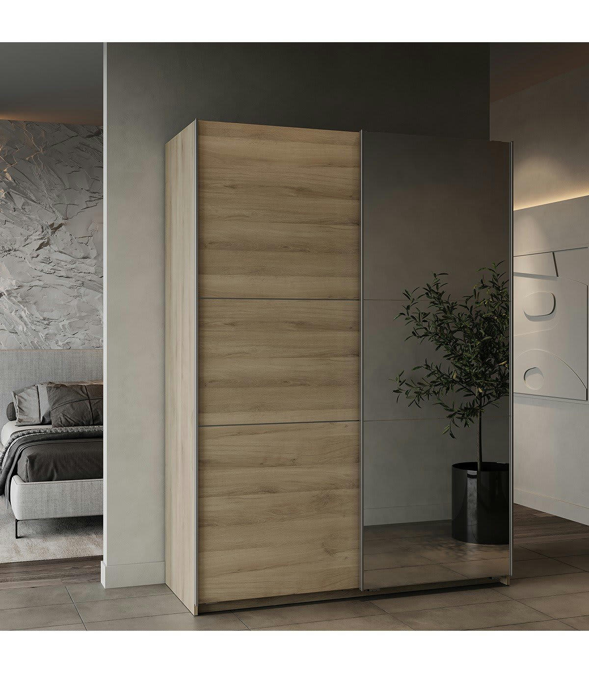 GHOST - Armoire 2 portes coulissantes et miroir - L148 cm