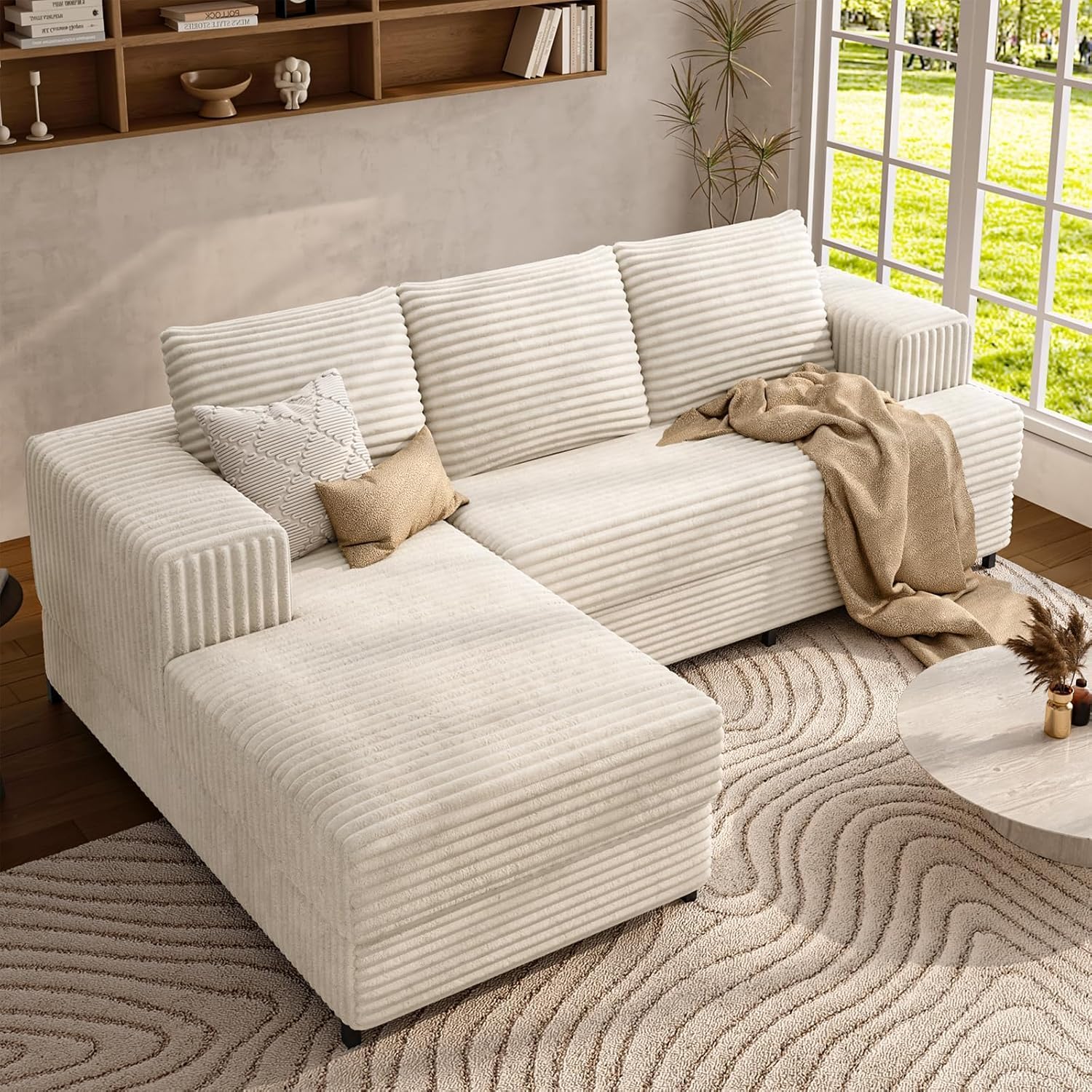 106 Cloud Modular Sectional Sofa with Chaise Lounge, No Assembly L Shaped Couch with Iron Frame, Modern Fluffy Corduroy Couches for Living Room, Bedroom, Office, Left Facing Chaise, White