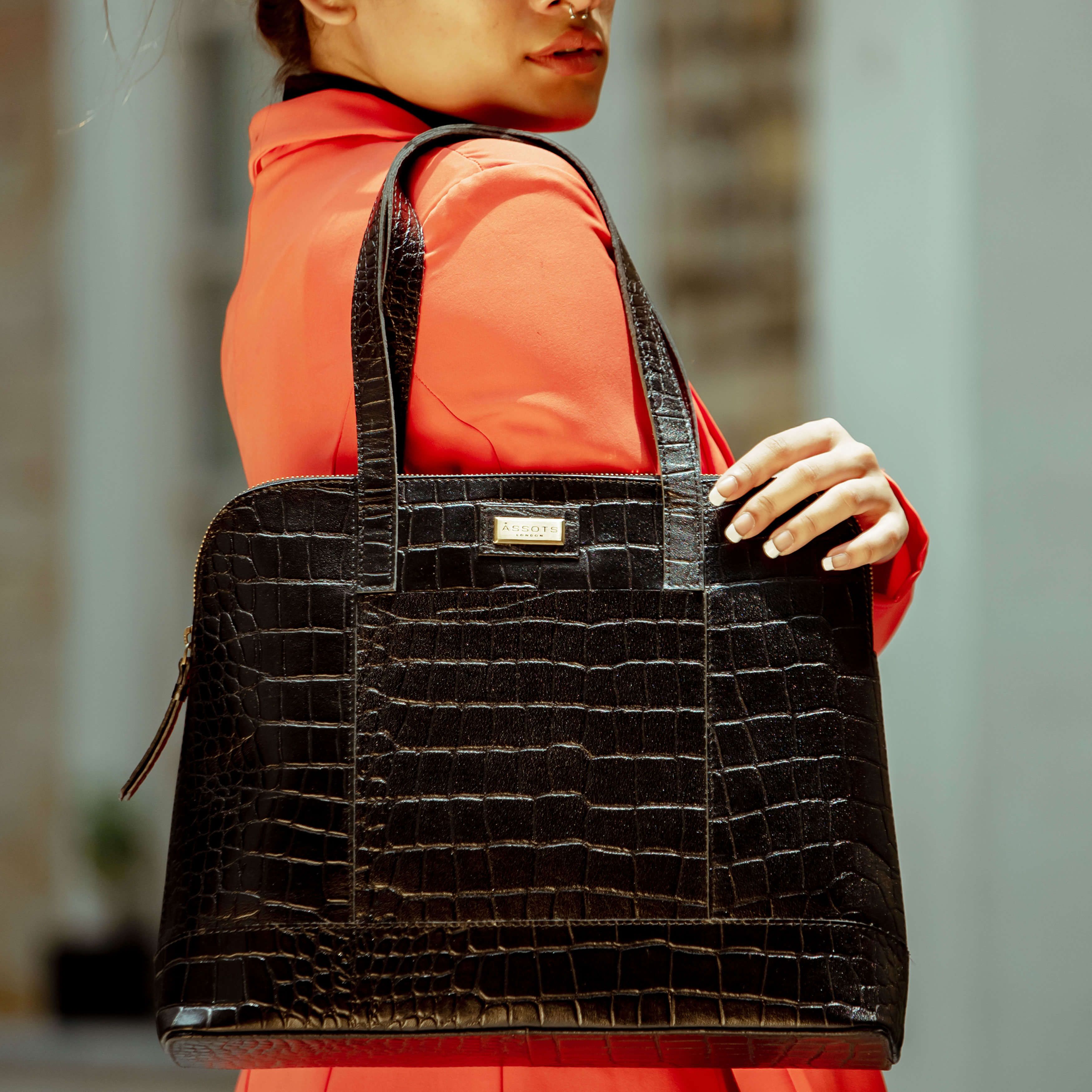 Assots London EVA' Croc Embossed Real Leather Designer Unlined Tote Bag