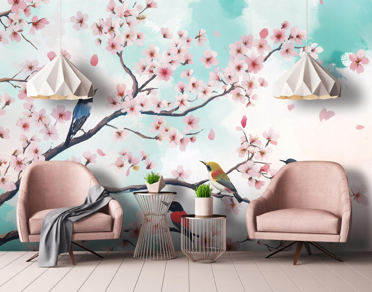 Fototapeta Ptaki Kwiaty Wiśni Gałązki Na Ścianę Sypialnia Salon 250X175