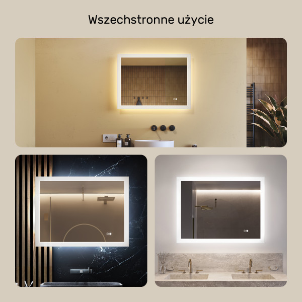 Lustro prostokątne łazienkowe LED 80x60, dotyk, mata, dual led