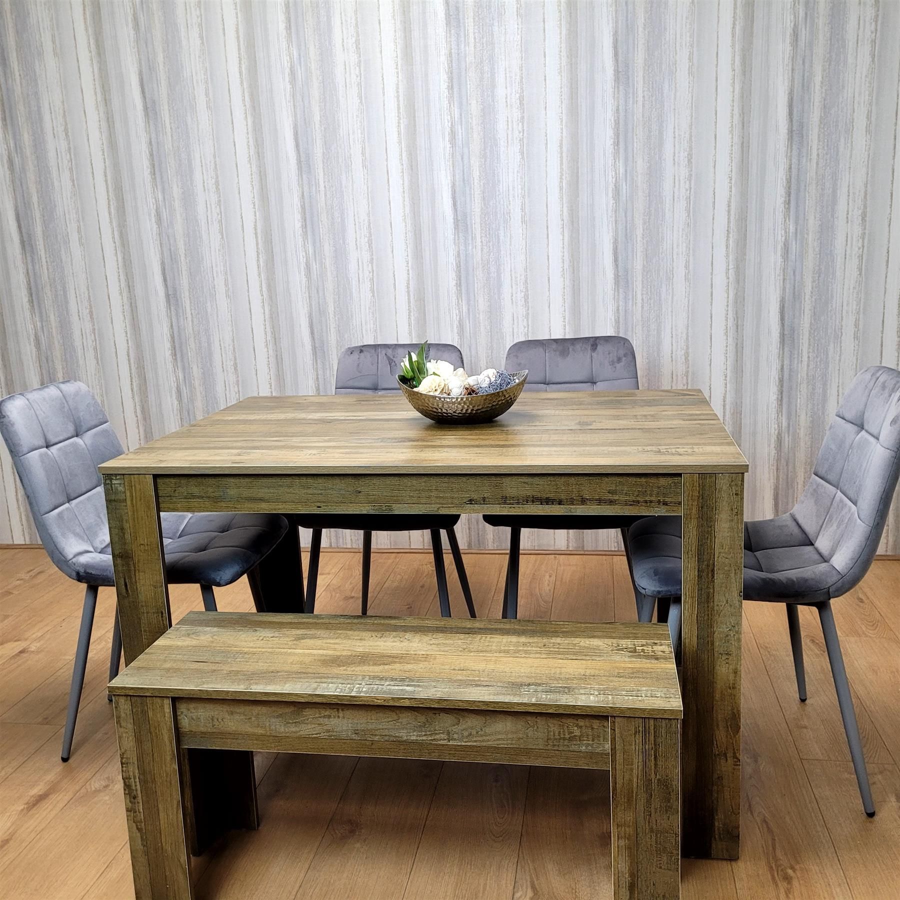 KOSY KOALA Modern Rustic Dining Table Set Wooden Table with 4 Grey Velvet Chairs and Bench - Dining Furniture Set