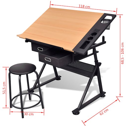 NNEVL Two Drawers Tiltable Tabletop Drawing Table with Stool