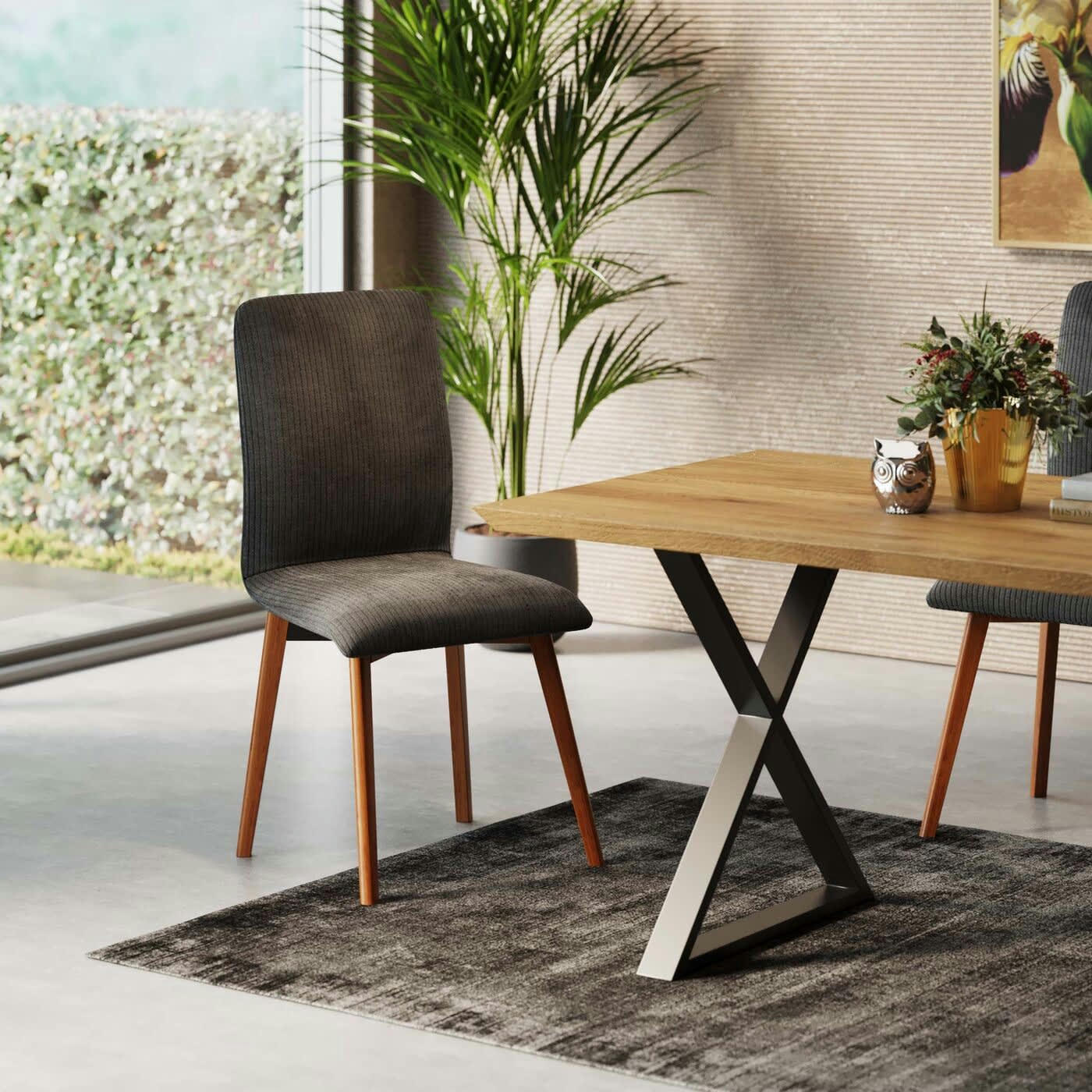 LARA CORD - Chaise en polyester côtelé gris et chêne