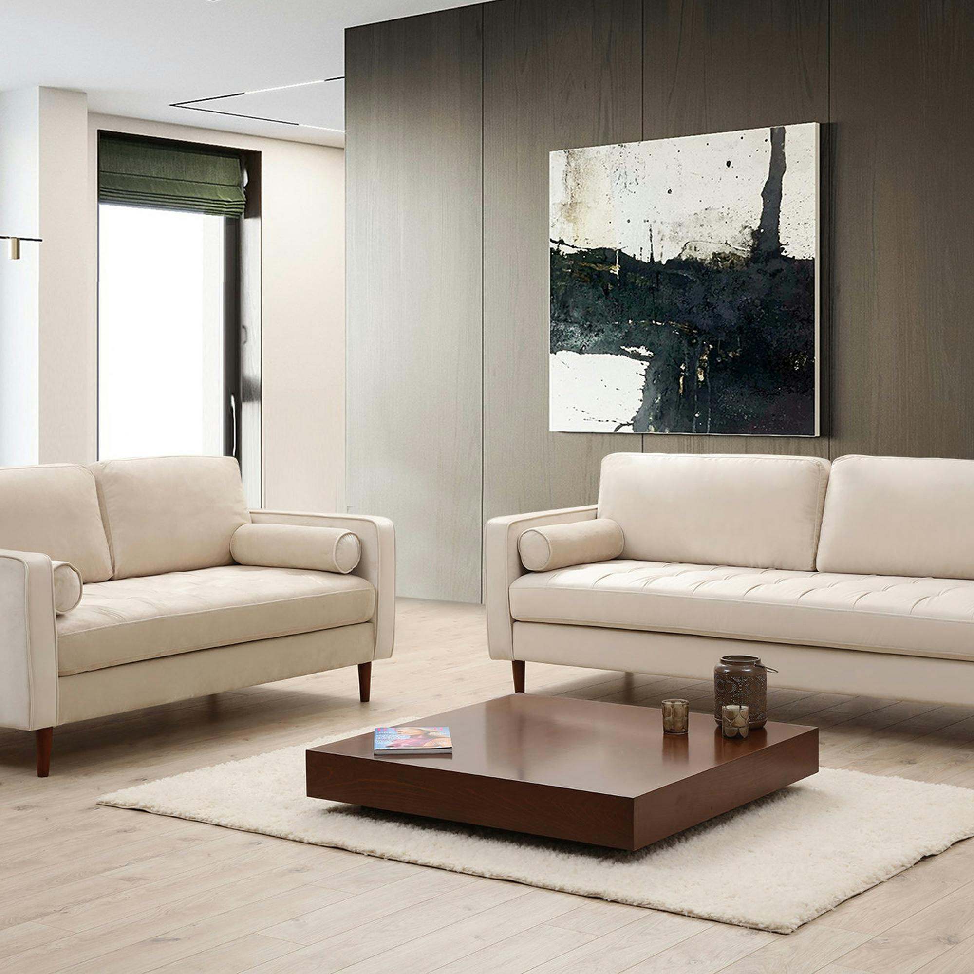 Canapé 3 places velours beige crème, coussins polochons CHIBA