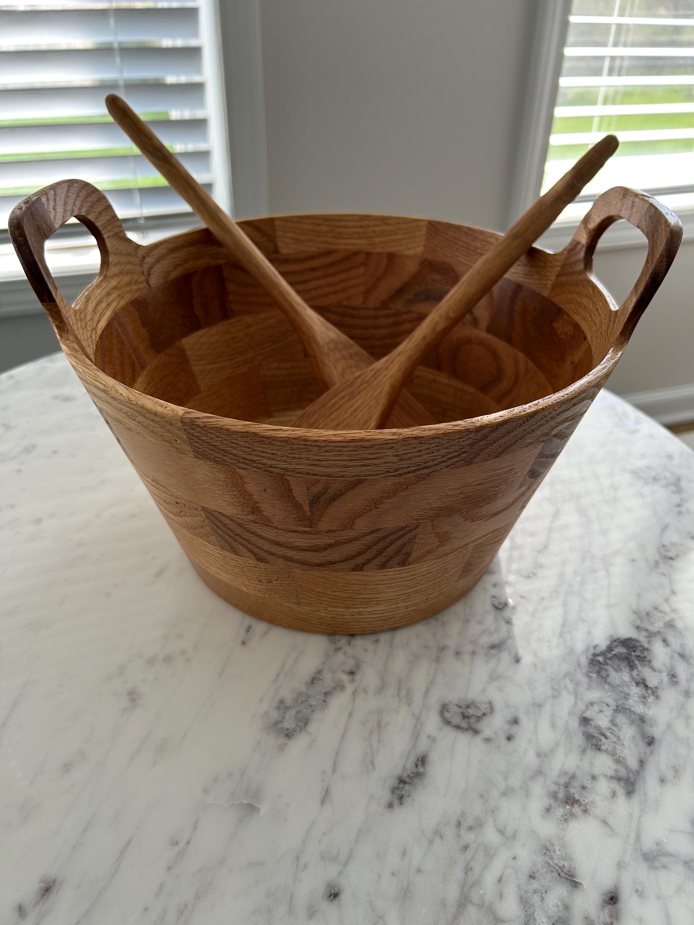 Handmade Segmented Oak Salad Bowl with Utensils: Farmhouse Bucket Style Serving Bowl Large Size