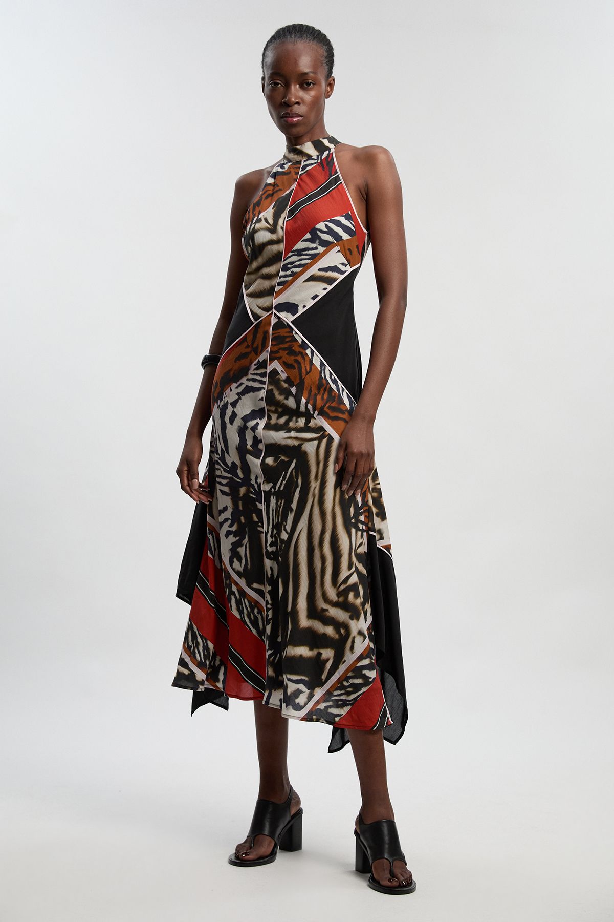 KarenMillen Animal Print Fluid Tencel Halter Neck Woven Maxi Dress