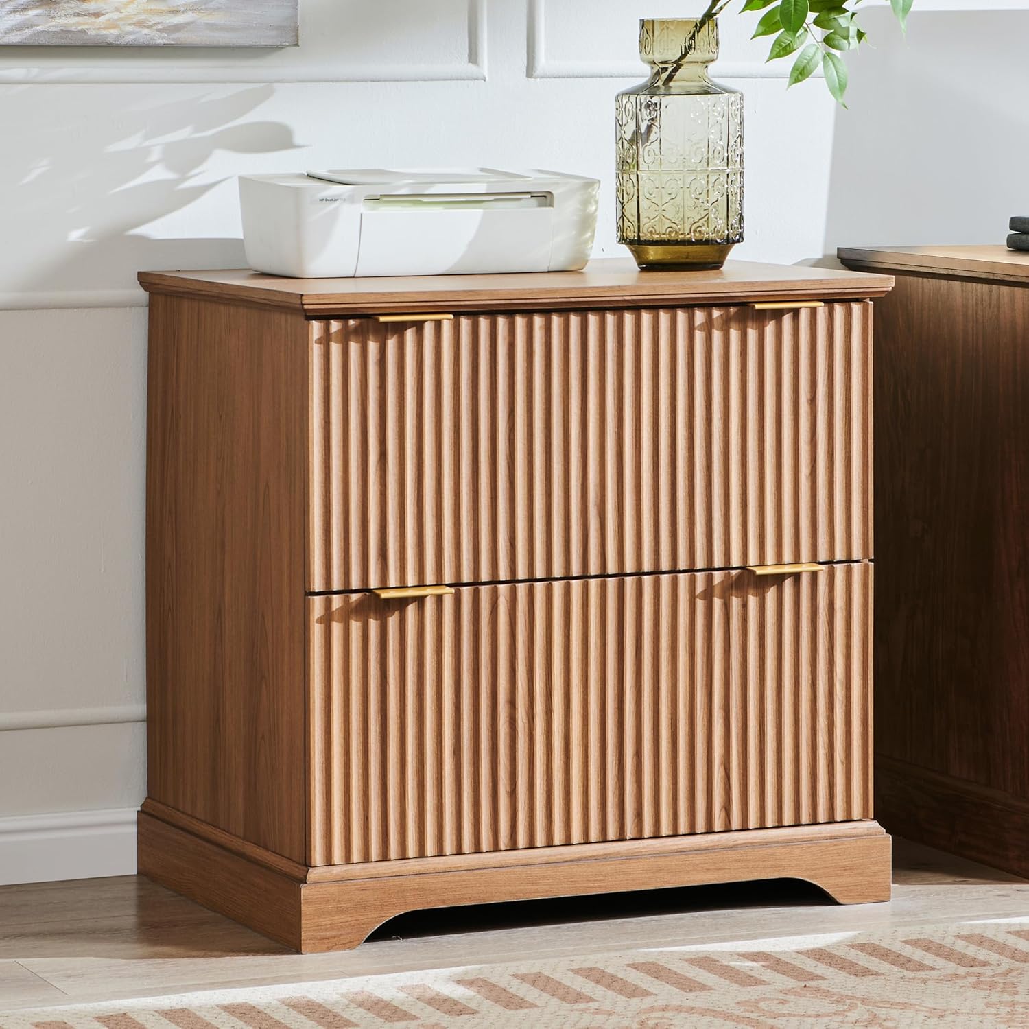 JXQTLINGMU 2 Drawer File Cabinet with Charging Station, 30 Fluted Lateral File Cabinet w/Files Hanging Rod for Letter/Legal/A4, Large Tabletop for Printer, Office Wood Printer Cabinets, Dark Grain