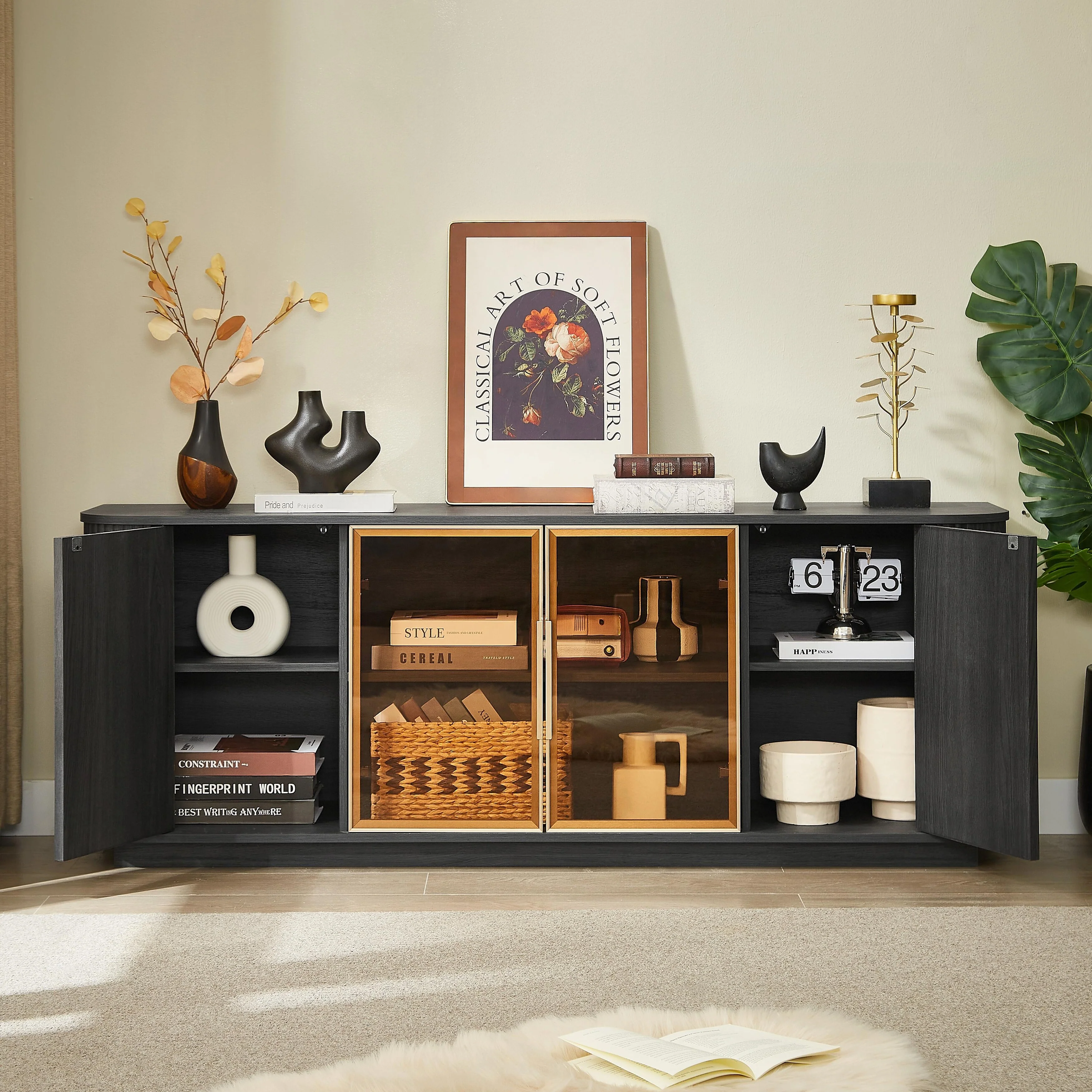 64-Inch Wavy TV Cabinet, Round Sideboard, Wooden Vertical Stripe Storage Cabinet