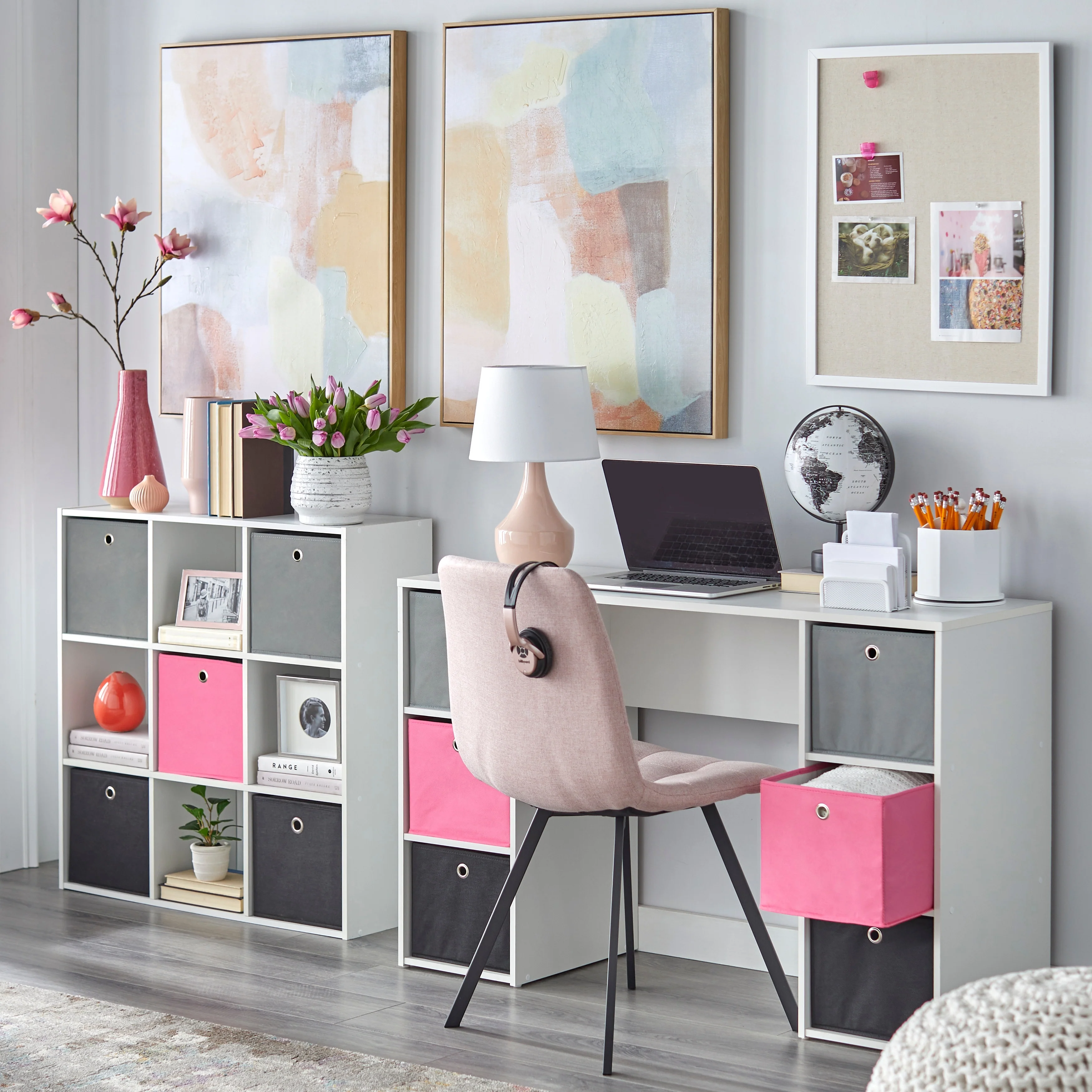 Simple Living Jolie Pink Theme 6-bin Writing Desk with 5-bin Bookcase Set