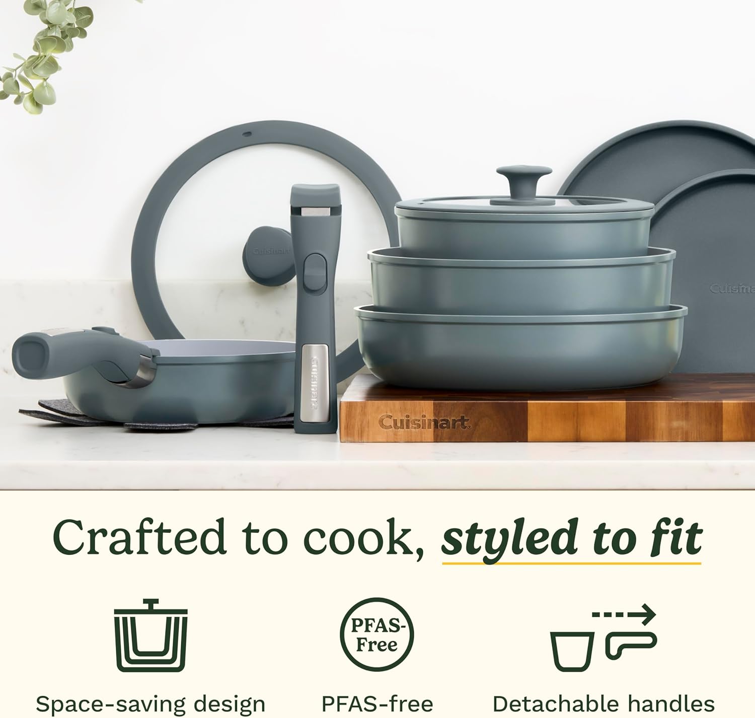 Cuisinart 13-Pc, ClickSmart Nonstick Detachable Handle Ceramic Cookware, Pots and Pans Set, Stackable Space-Saving Design, Compatible with All Stovetops, Induction & Oven Safe, PURELYCERAMIC