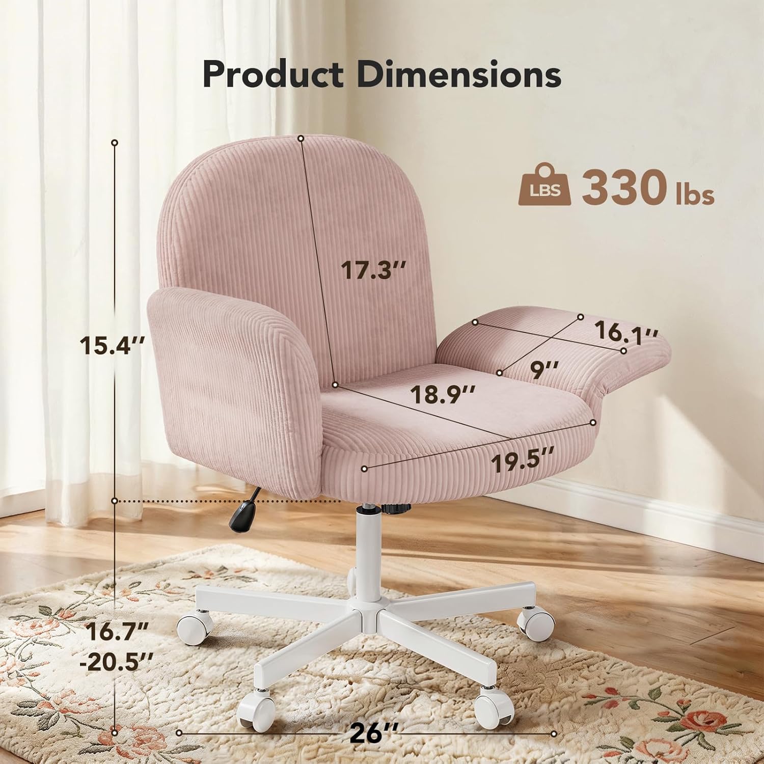 HUANUO Vanity Chair with 6-Position Adjustable Armrests, Criss Cross Chair with Wide Cushion, Soft Corduroy Fabric, 90°-105° Recline, Pet-Friendly, Perfect for Makeup Bedroom, Home Office, Pink