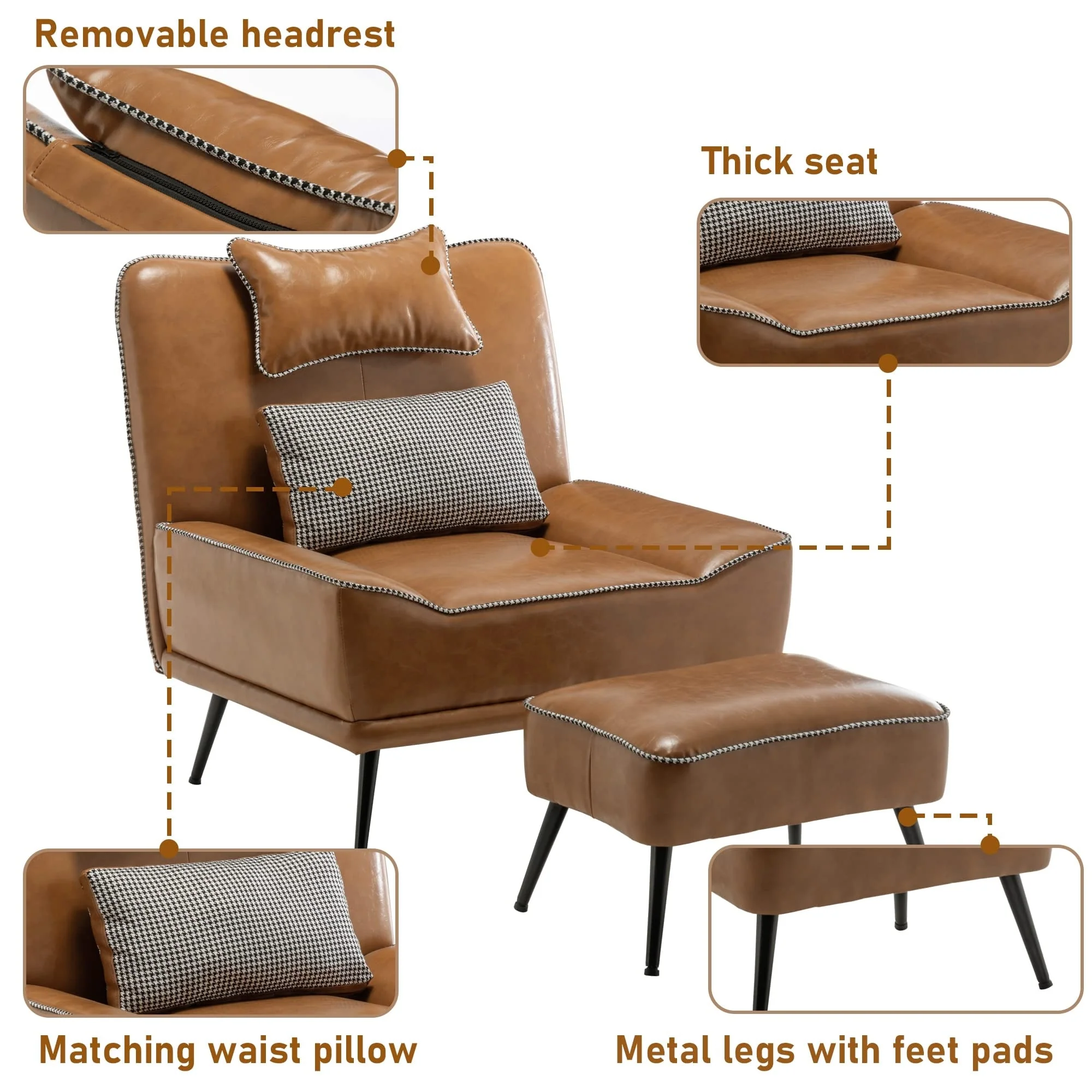 Accent Chair with Ottoman, Upholstered Faux Leather Chairs for Living Room Bedroom Lounge Chair, Modern Sofa Chair with Ottoman