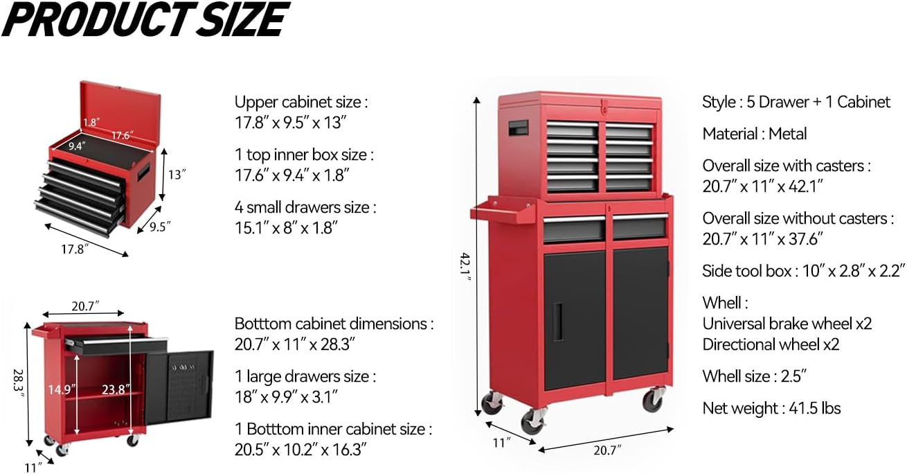 5-Drawer Rolling Tool Chest & Cabinet With Detachable Top Box - Heavy-Duty Metal Tool Cart With 4 Hooks, Lockable Drawers & 4 Wheels For Garage, Workshop, And Automotive Organization, (Red)