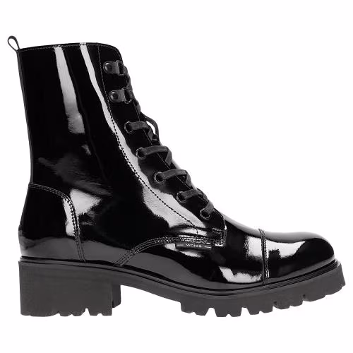Czarne lakierowane trzewiki damskie typu biker boots
