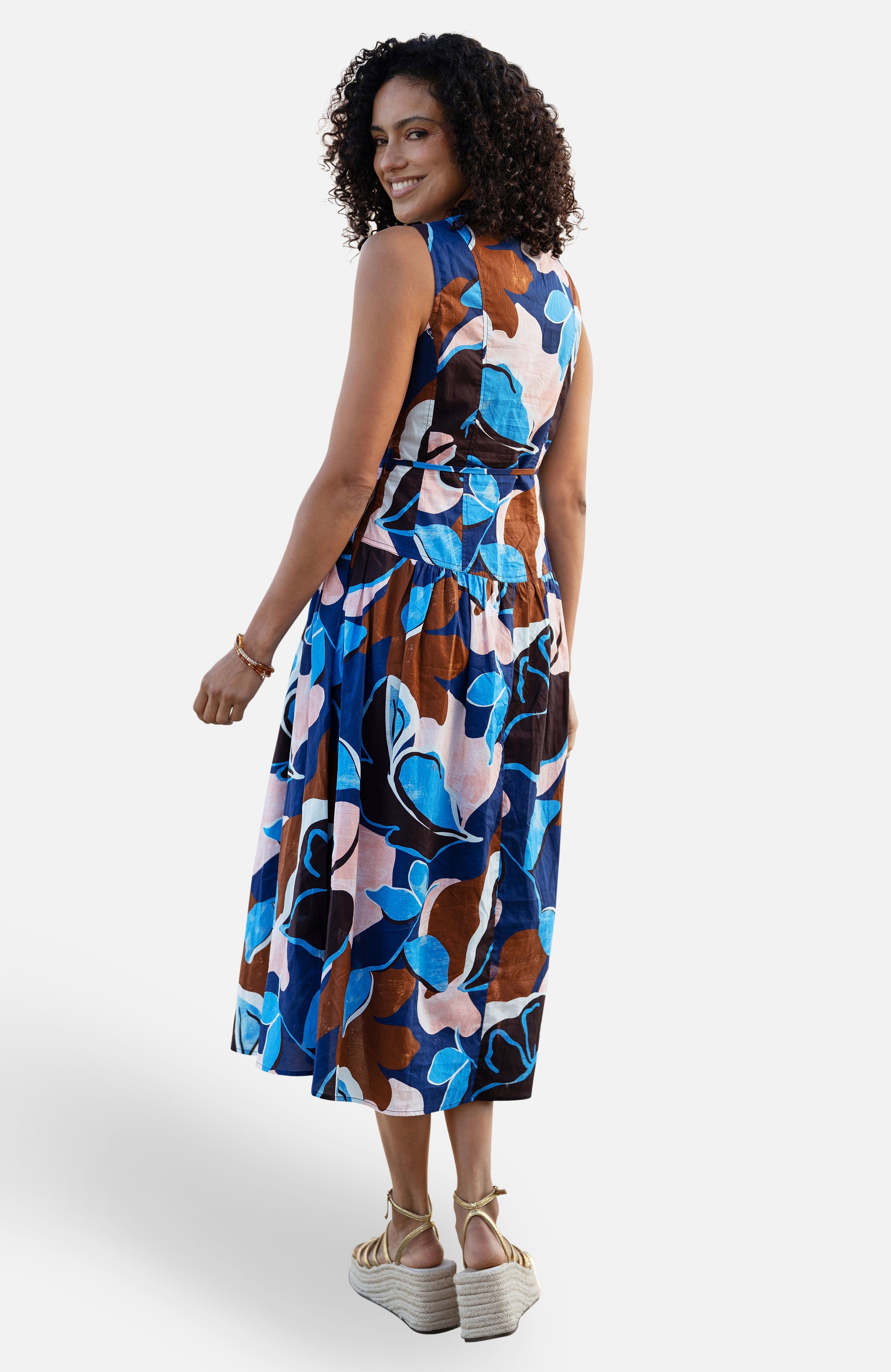 Yumi Cotton Floral Abstract Dropped Waist Midi Dress