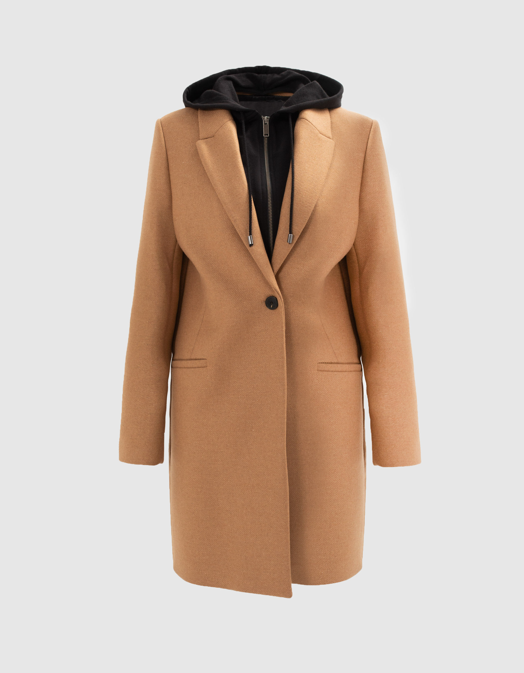 Manteau mi-long camel capuche amovible Femme
