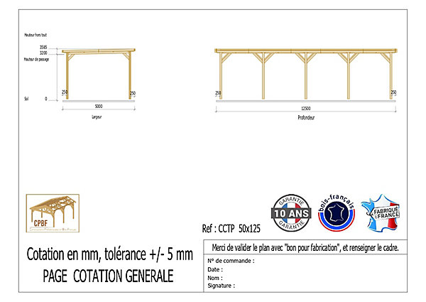 Carport toit plat 500cmx1250cm bois DOUGLAS français (charpente - auvent - abri camping-car). 63 m². Garantie 10 ans.
