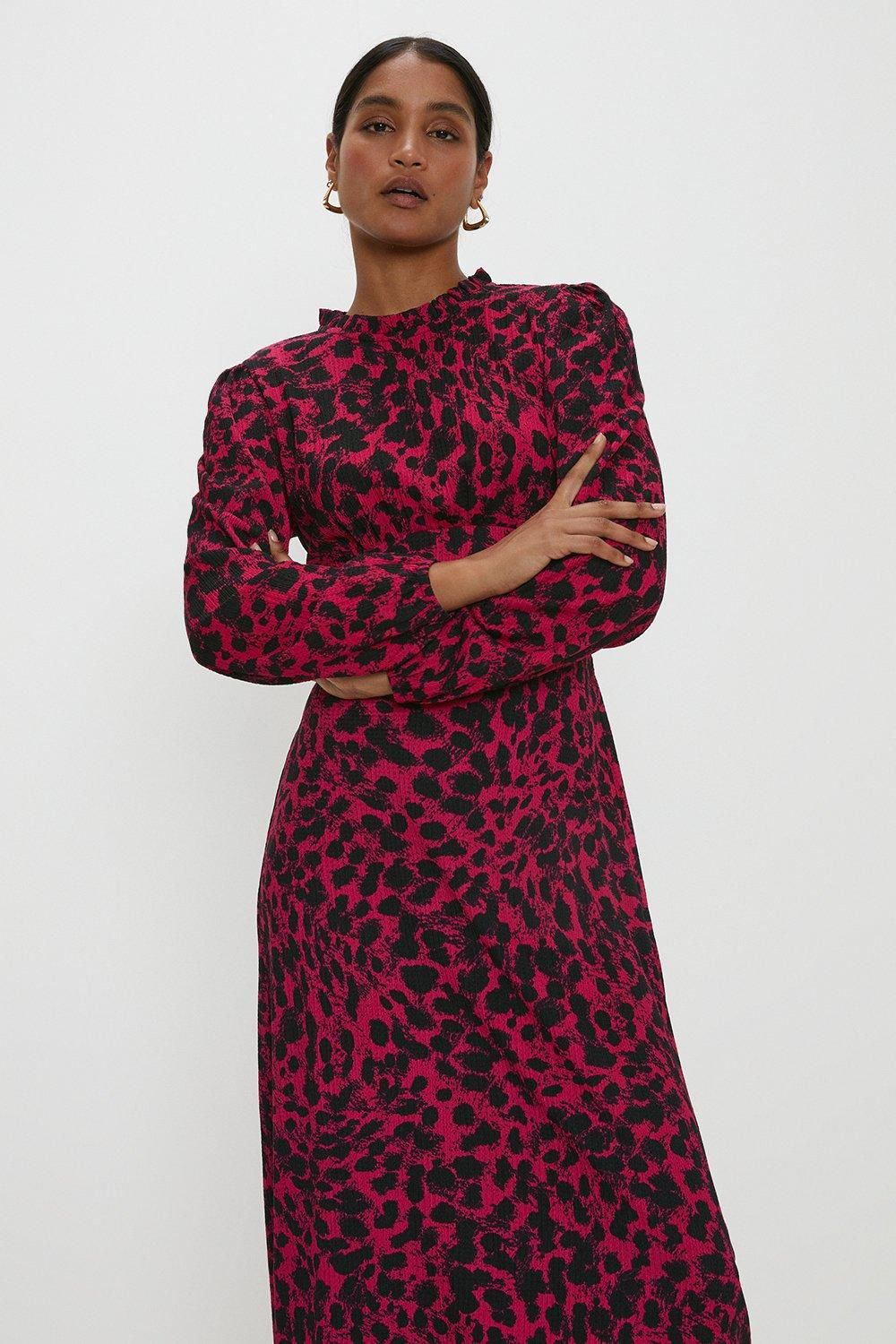 Dorothy Perkins Pink Leopard Frill Neck Midi Dress