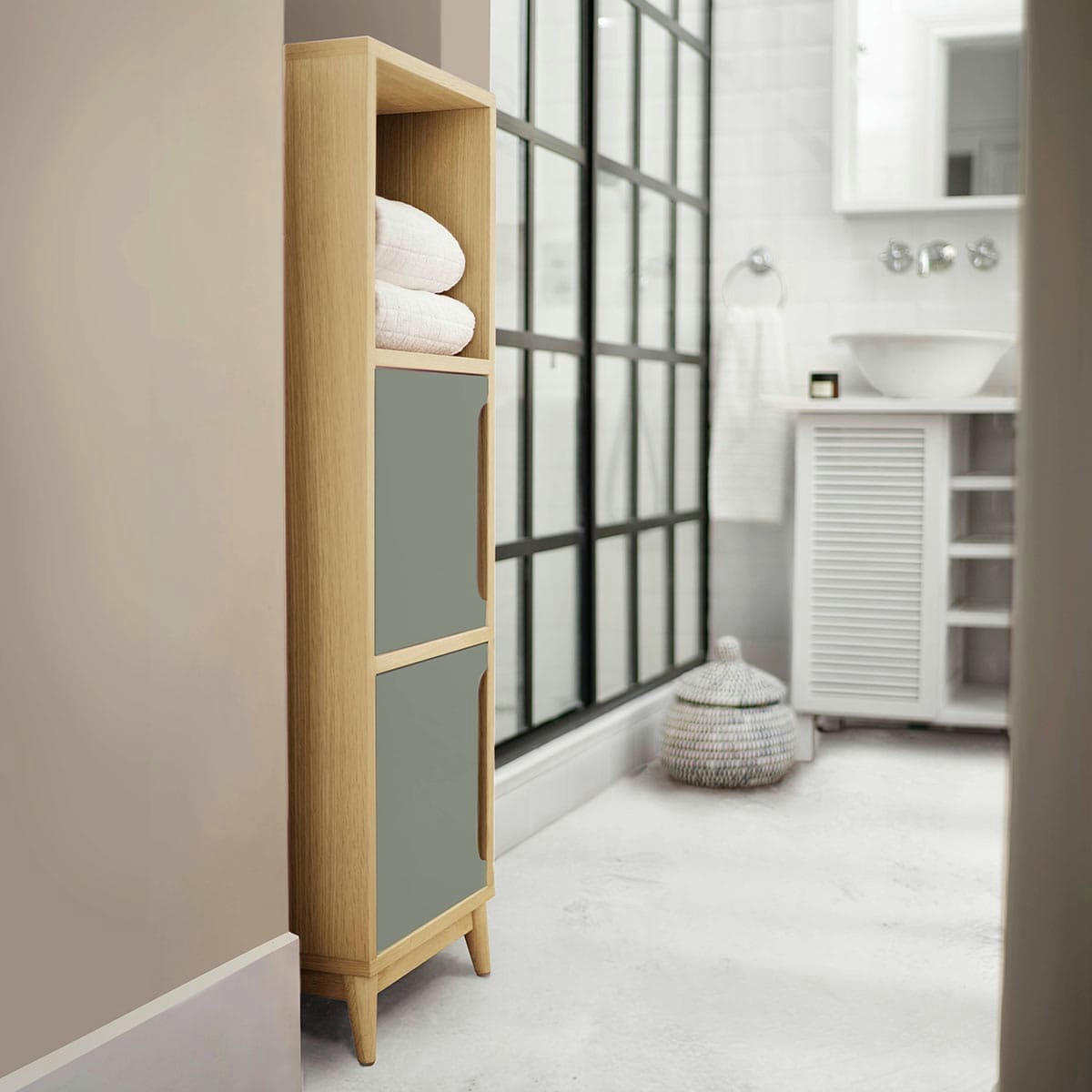 KULT - Colonne de rangement couleur chene et kaki, 2 portes- 114*36*32