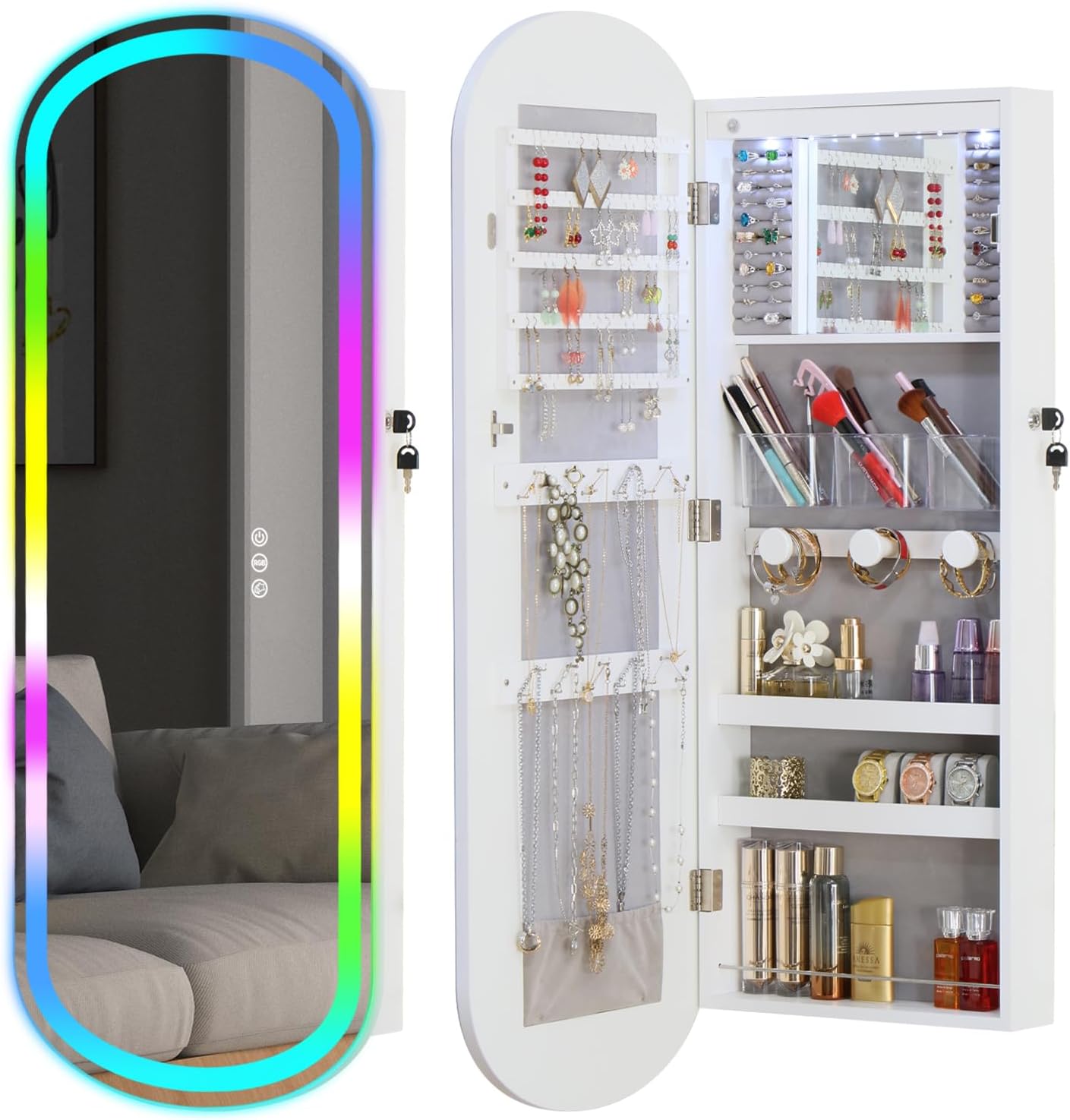 LED Jewelry Cabinet Wall/Door Mounted,RGB Lighted Mirror Jewelry Armoire Organizer Over the Door Full-Length Lockable Rounded Wide Mirror with Storage Interior Mirror Gift for Her Chrismas White