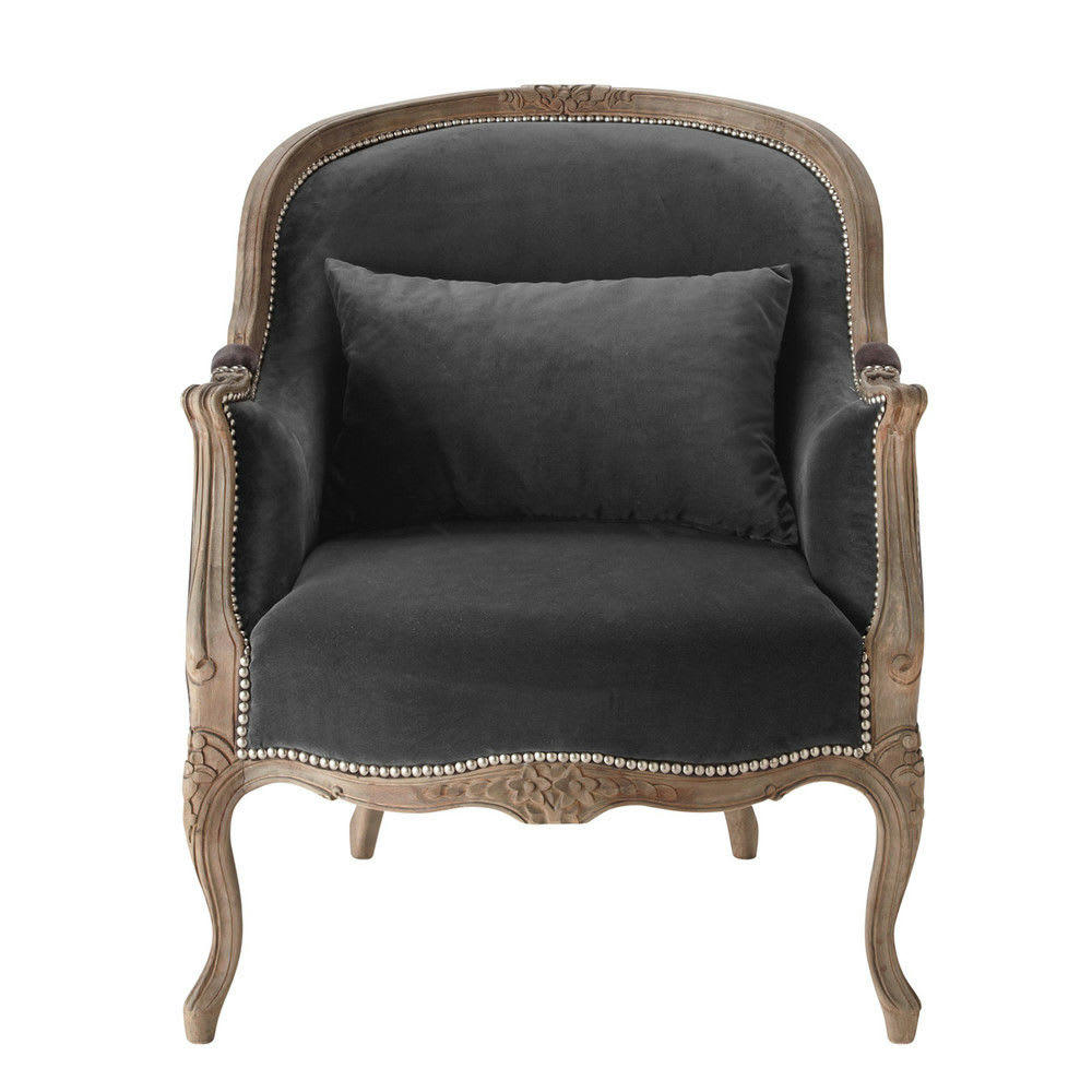 - Fauteuil bergère en velours gris anthracite