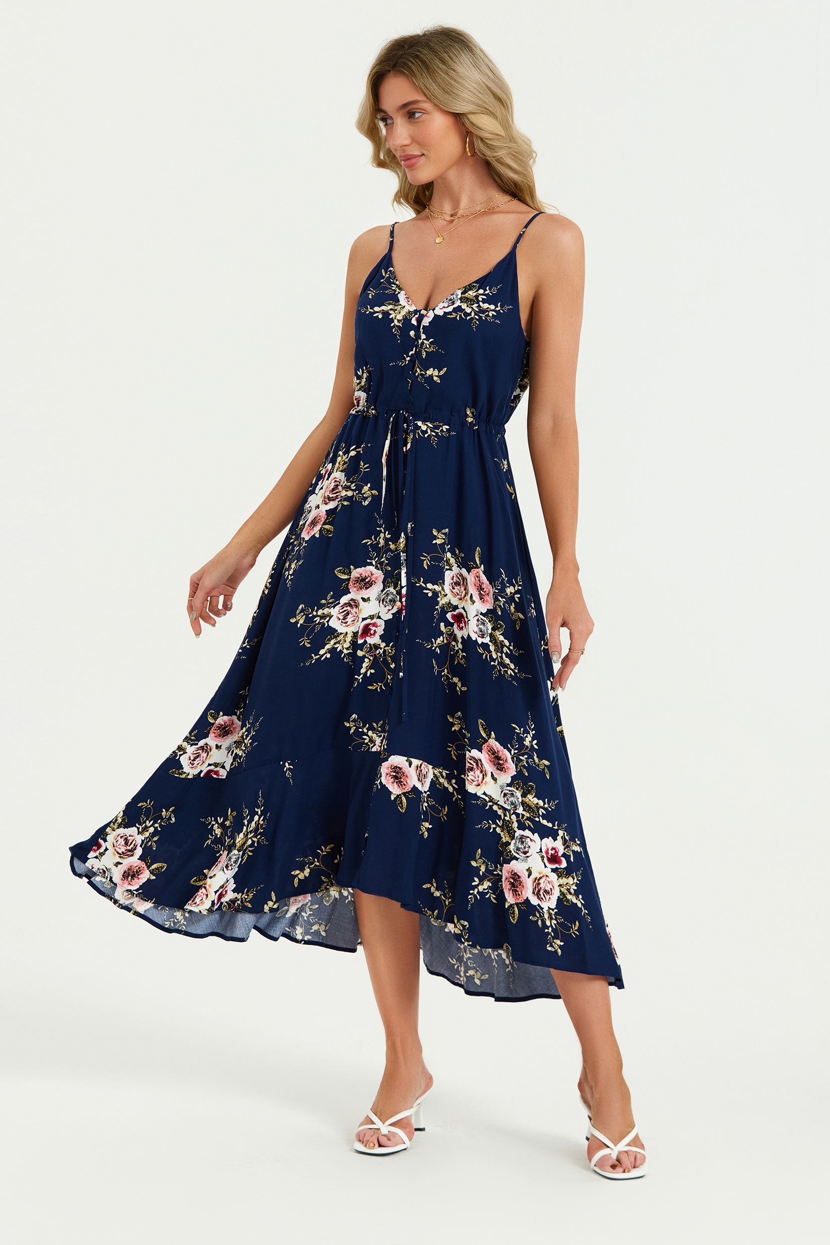 FS Collection Floral Print Button Down High Low Strappy Dress In Navy