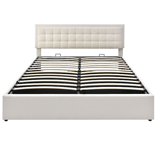 Lit adulte lit 160x200 cm lit rembourré lit de rangement lit sommier à lattes lit barre d'éclairage led lit double cuir pu blanc