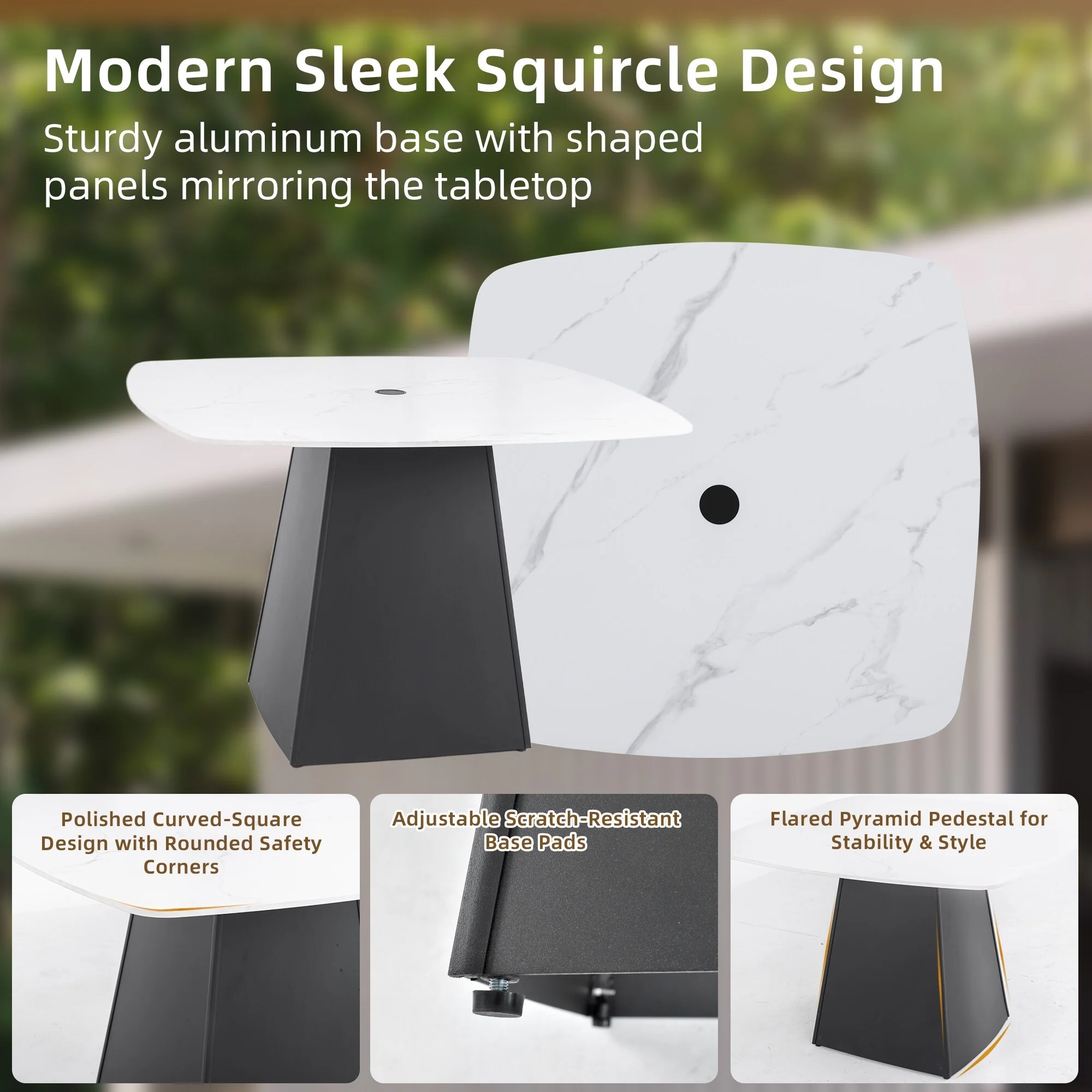 Outdoor Modern Patio Squircle 44x44 Dining Table,White Marble-Inspired Sintered StoneTop,Flared Pyramid Aluminum Base