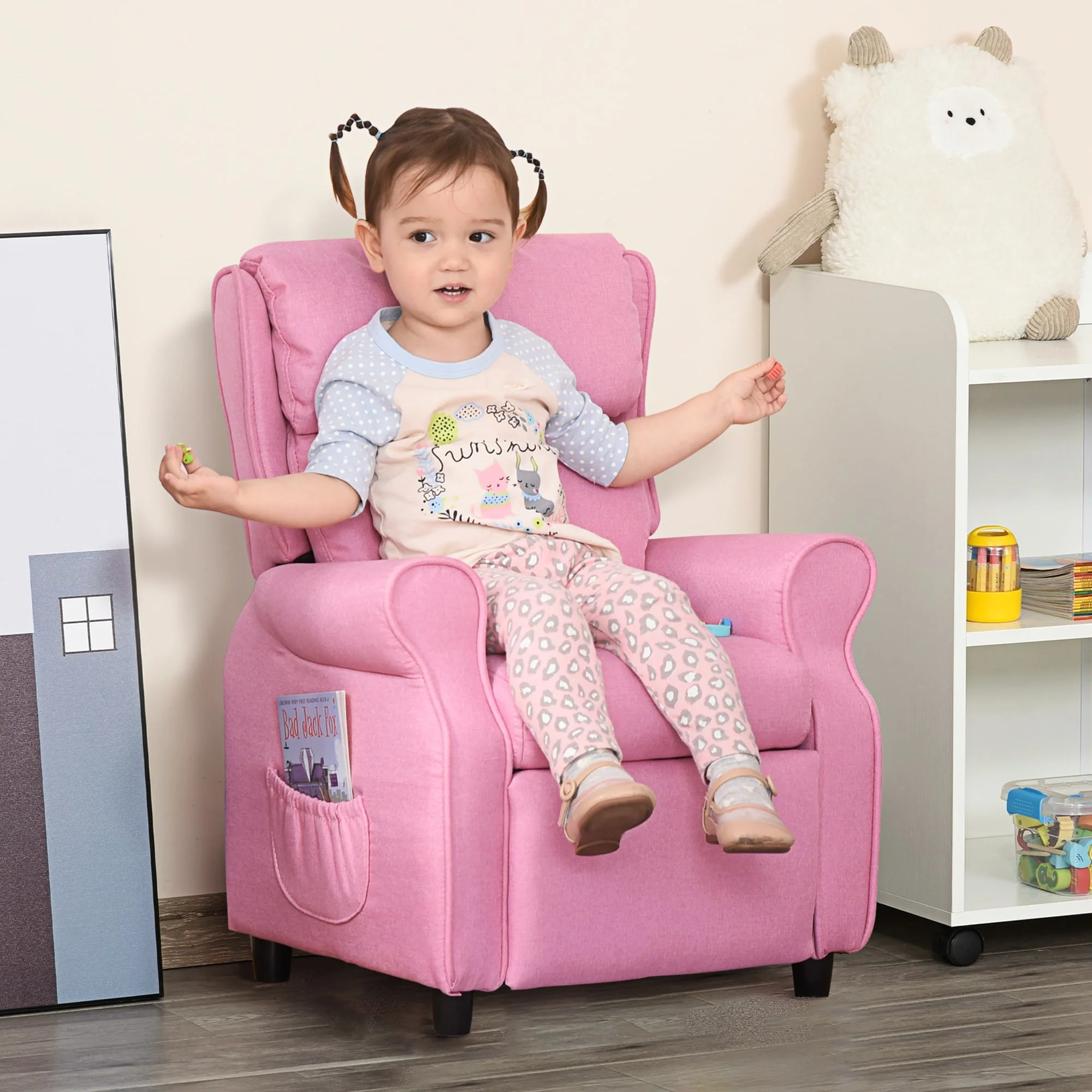 Pink Kids Children Upholstered Manual Recliner for 3-5 Years with Footrest and 2 Side Pockets
