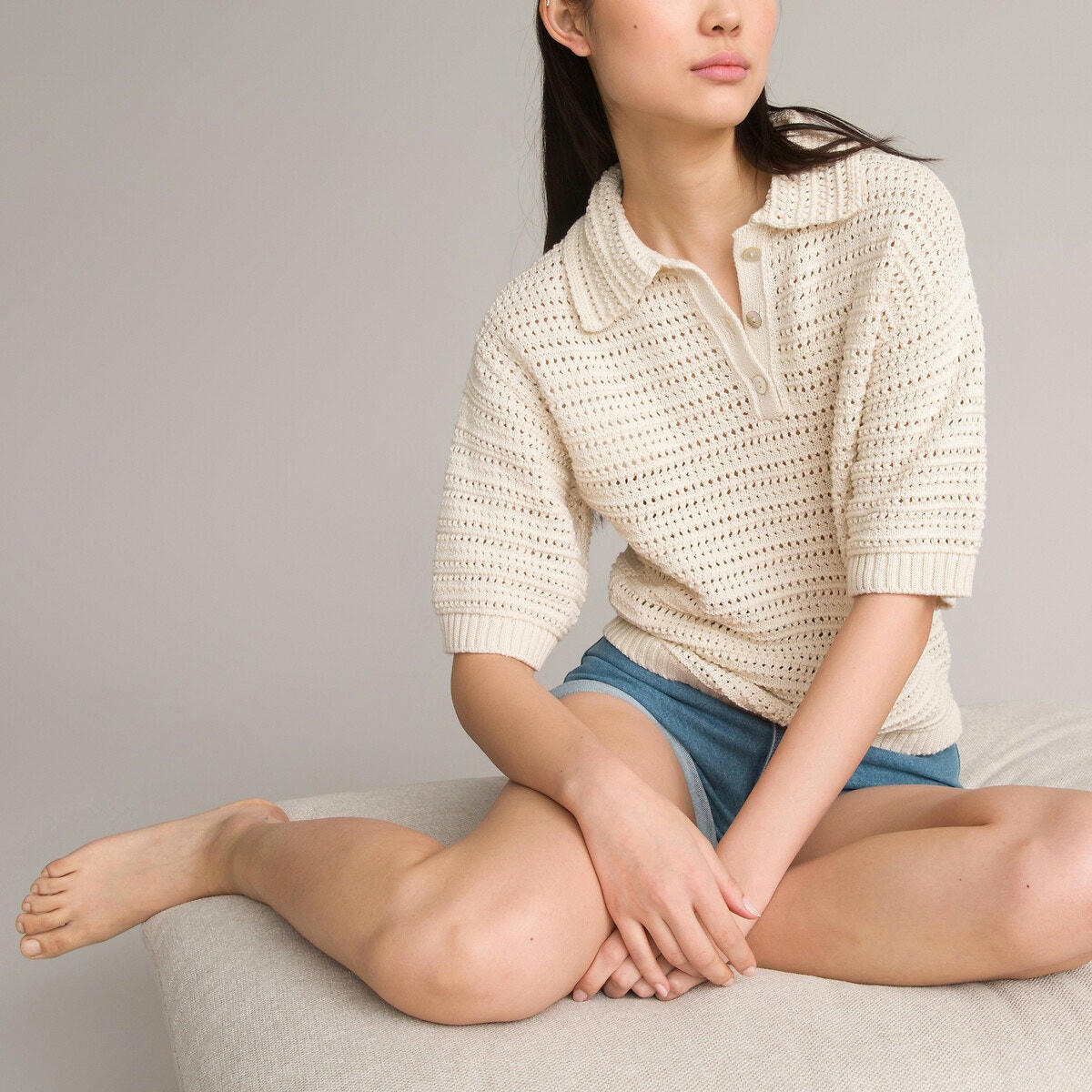 Pull col polo, en maille ajourée