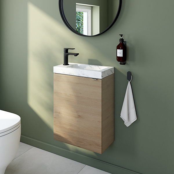Meuble lave-mains à poser effet chêne l.44 cm Imandra   plan vasque effet marbre blanc, GoodHome