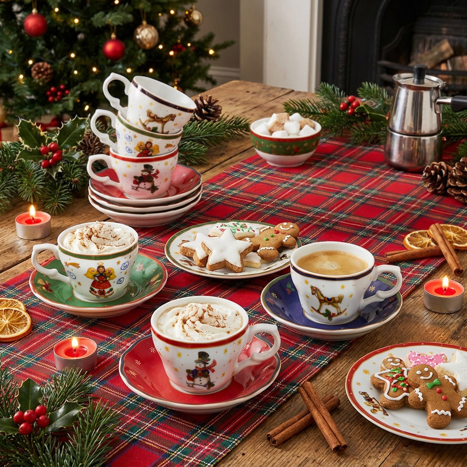 Set 6 tazzine caffè decori Natale porcellana con piattino