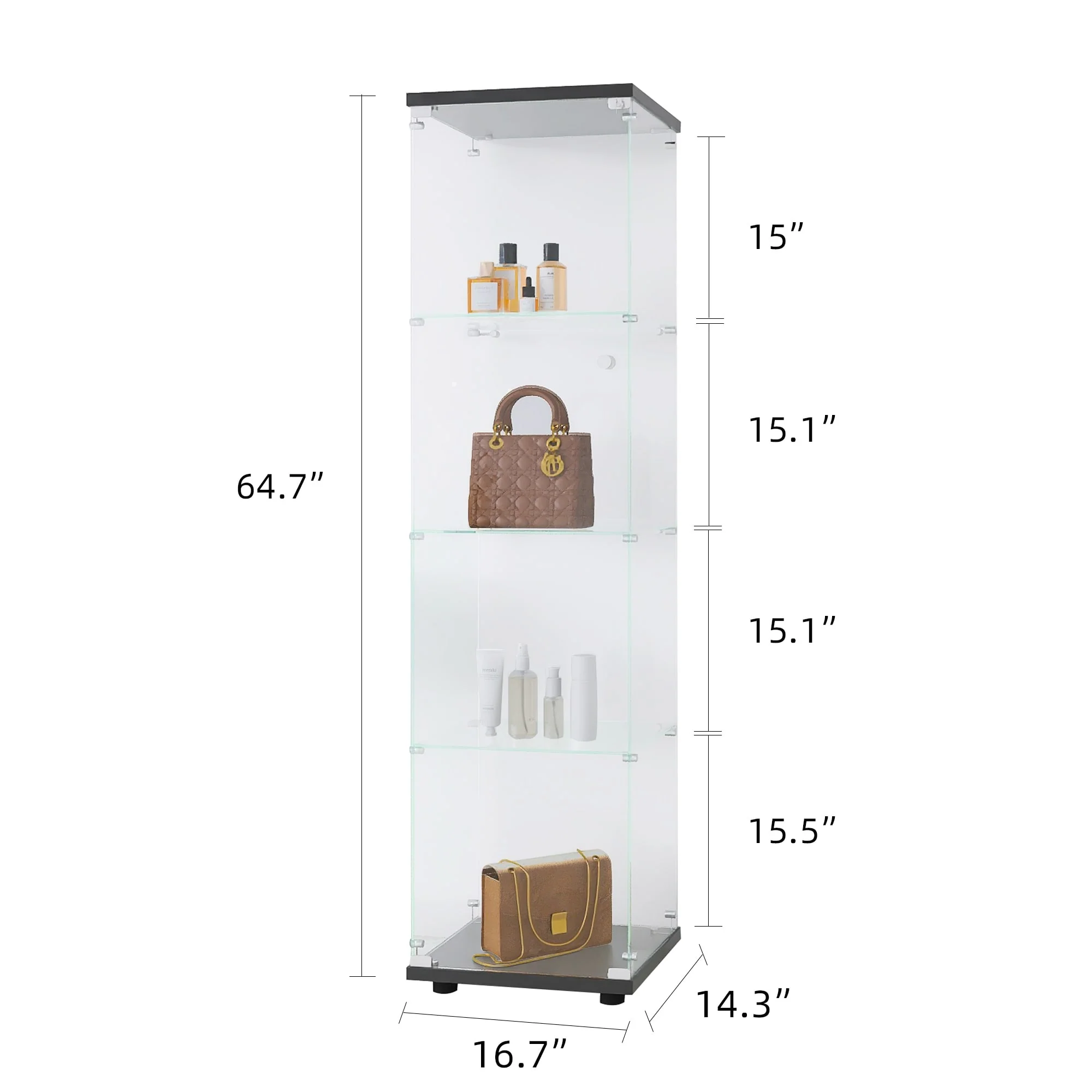 LED Glass Display Cabinet 4-Shelf with Door and Lock,Curio Cabinets Tempered Glass Floor Standing Bookshelf