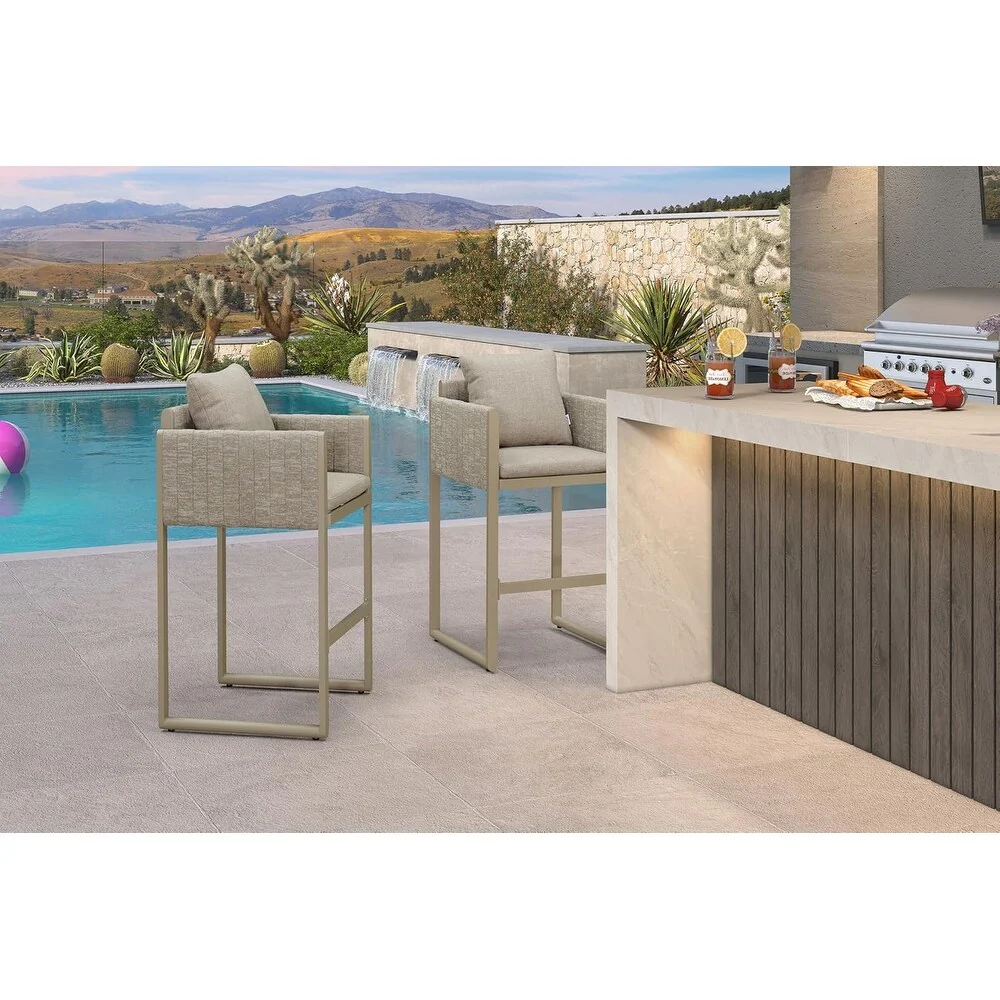 PURPLE LEAF Bar Stool Set of 2 Outdoor Rattan Bar Chair with Back Metal Bar Height Stool Wicker Barstool Dark Grey