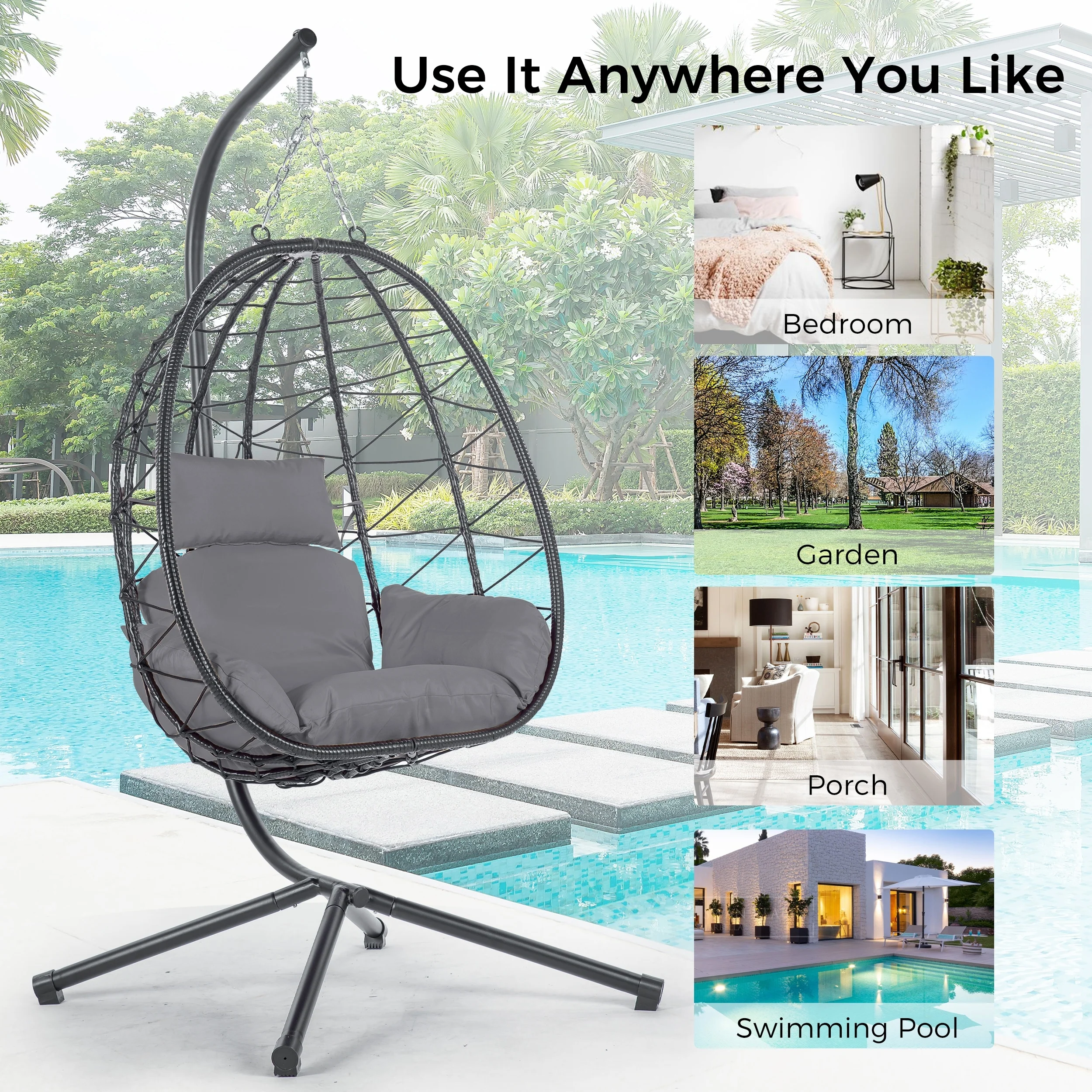 Outdoor Swing Chair Hanging Egg Chair Basket Chair Hammock Chair with Washable Cushion & Weatherproof Rattan Seat