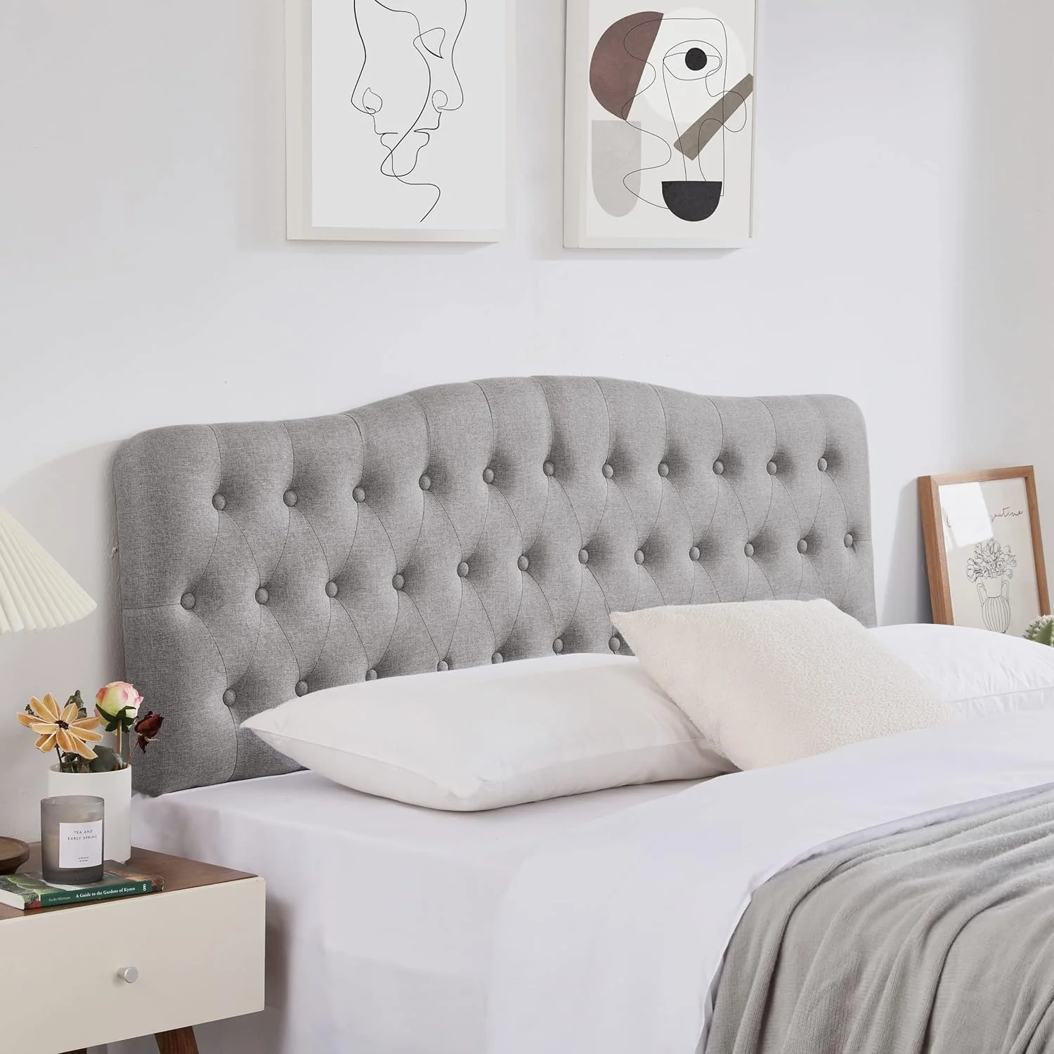 Upholstered Queen Headboard, Button Diamond Tufted Headboard with Adjustable Height and Solid Wood Leg