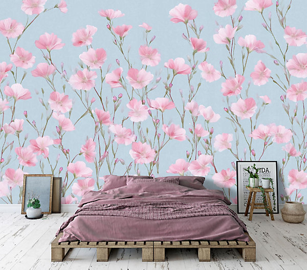 Papier Peint Panoramique Intissé Fleurs Prairie Rose - 350x250 cm - Papier Peint Chambre et salon