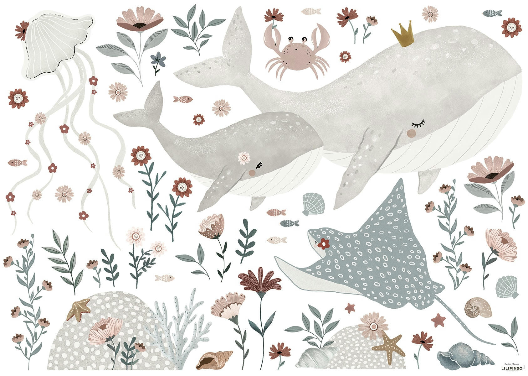 OCEAN FIELD - Stickers animaux marins en Vinyle mat Bleu 64x90 cm