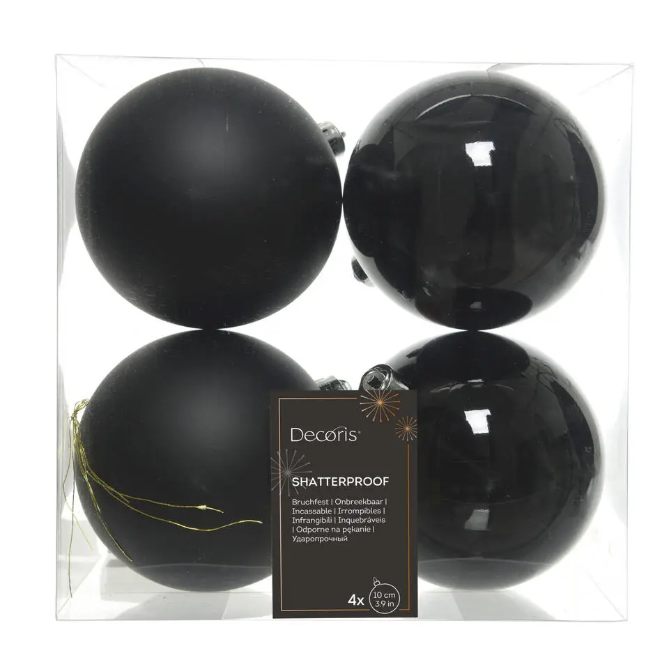 Decoris Kerstballen - 4x st - zwart - 10 cm - kunststof