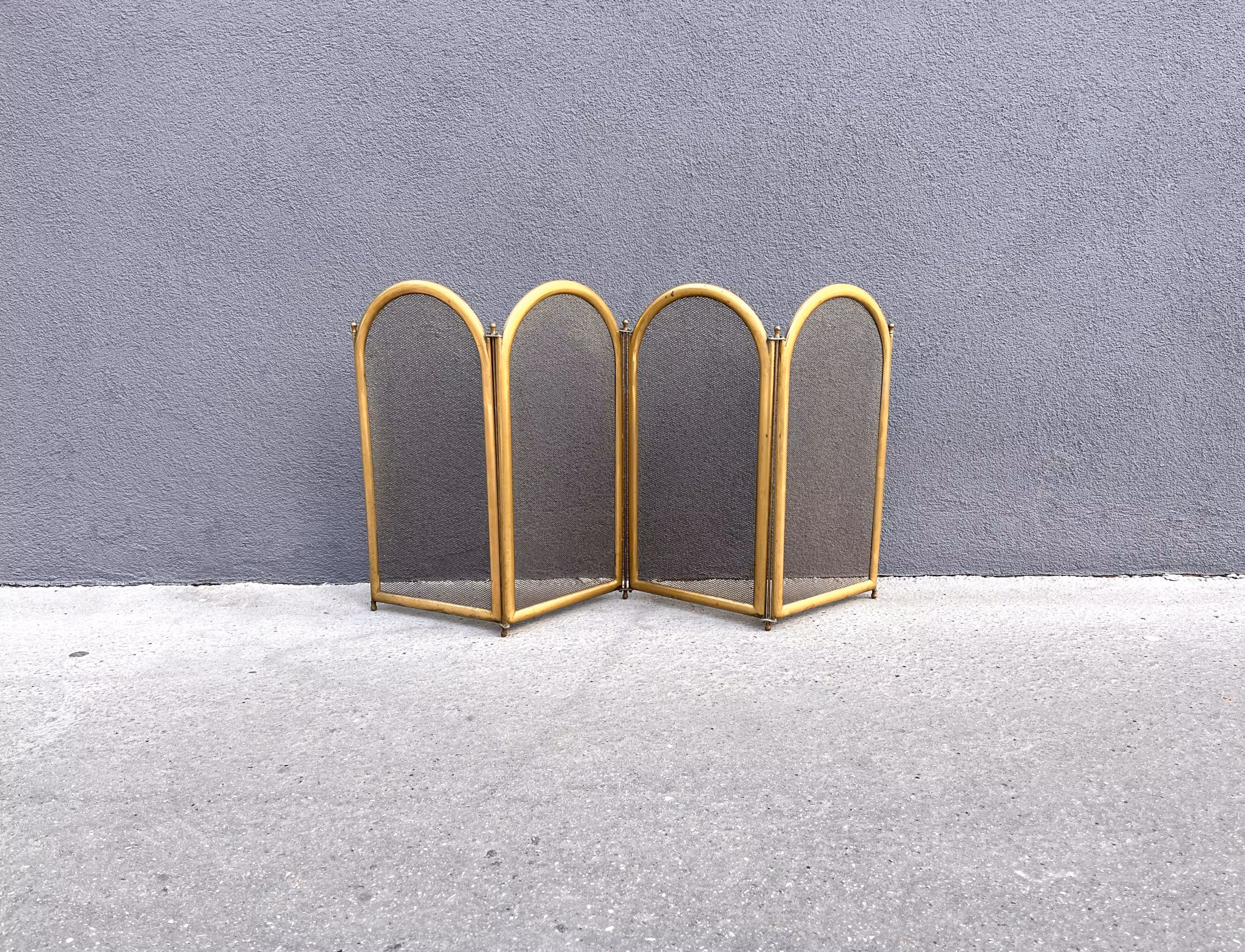 French antique brass fireplace screen 40 X 20 inches, 4 Flap art deco chimney protector