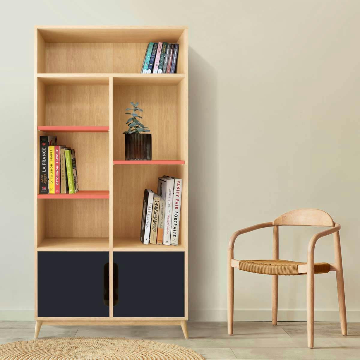 BOOK - Bibliotheque peu profonde bicolore gris/ corail, 2 portes- 175*86*40.