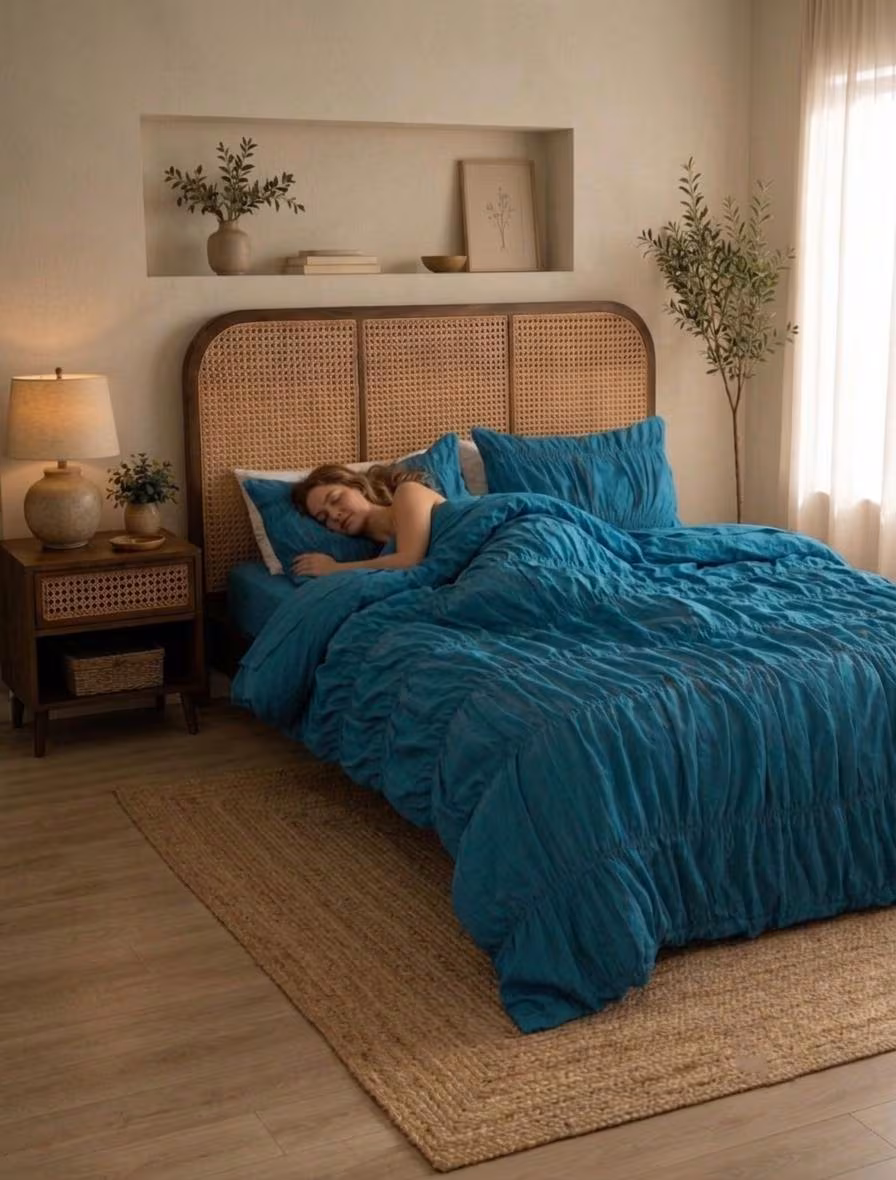Teal Blue Ruffled Comforter Set, Boho Coastal Bedding, Textured Crinkle Duvet